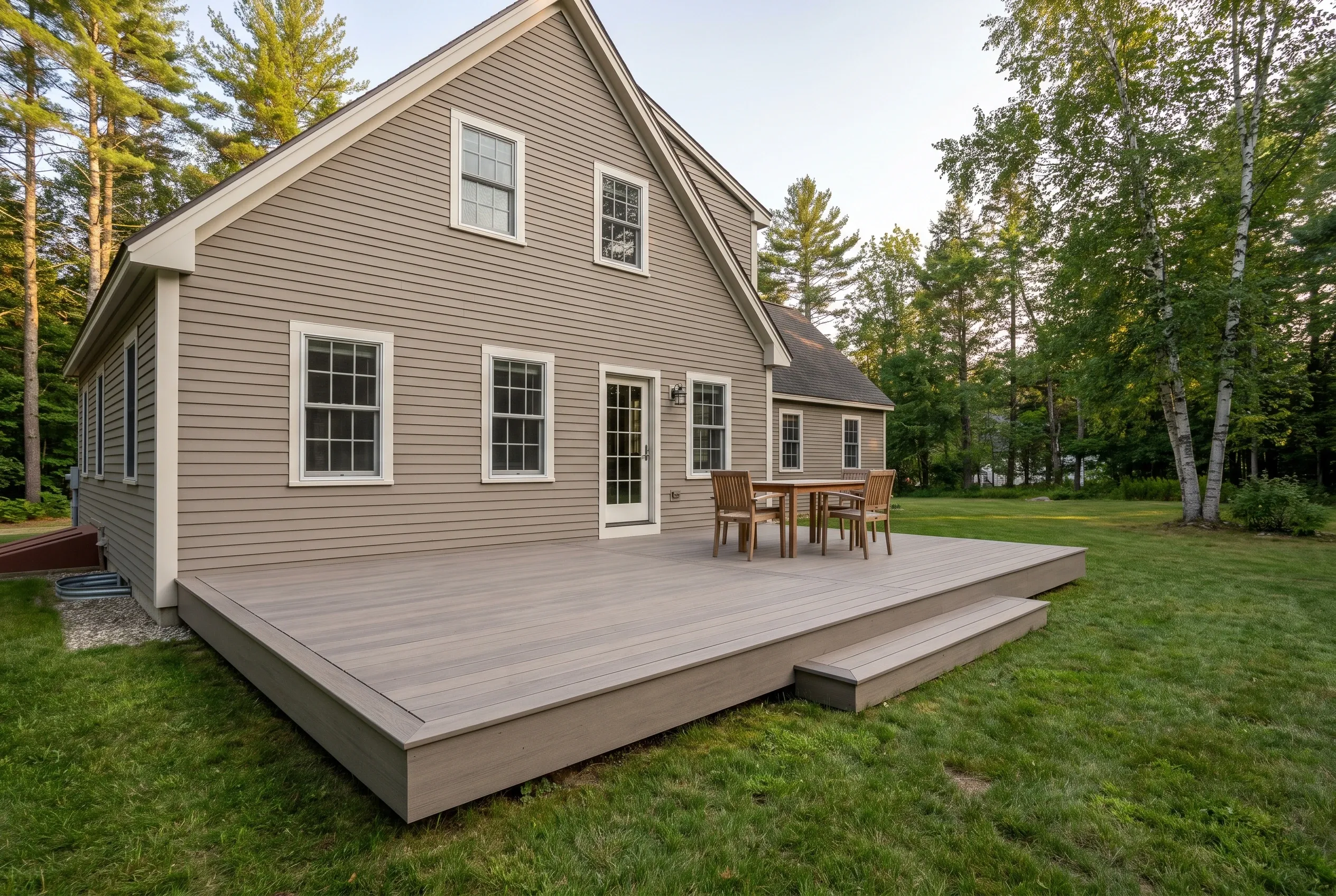 Deck builders in Bridgton, ME: low gray deck with a step, table and chairs, attached to a tan-sided two-story house