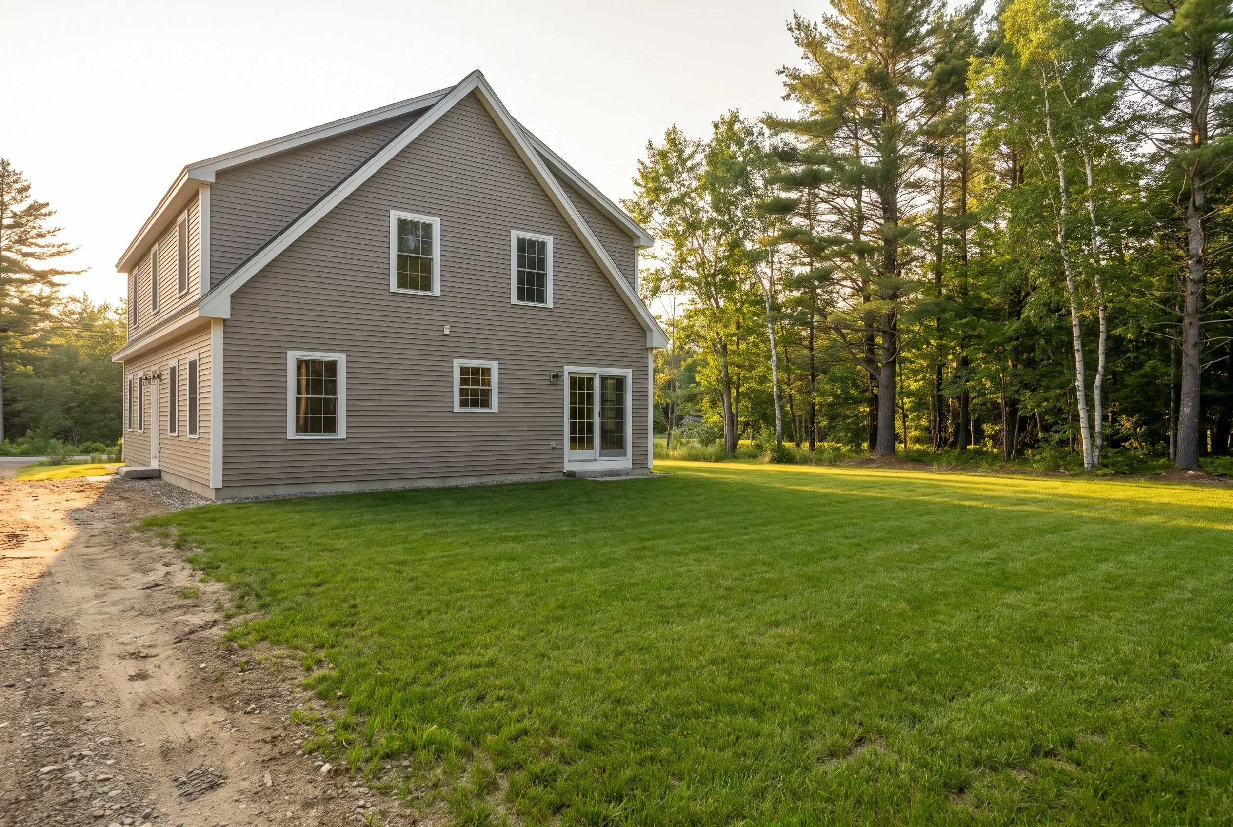 Gray two-story house with white trim beside a mowed lawn, dirt track, and pine and birch trees, with no deck present