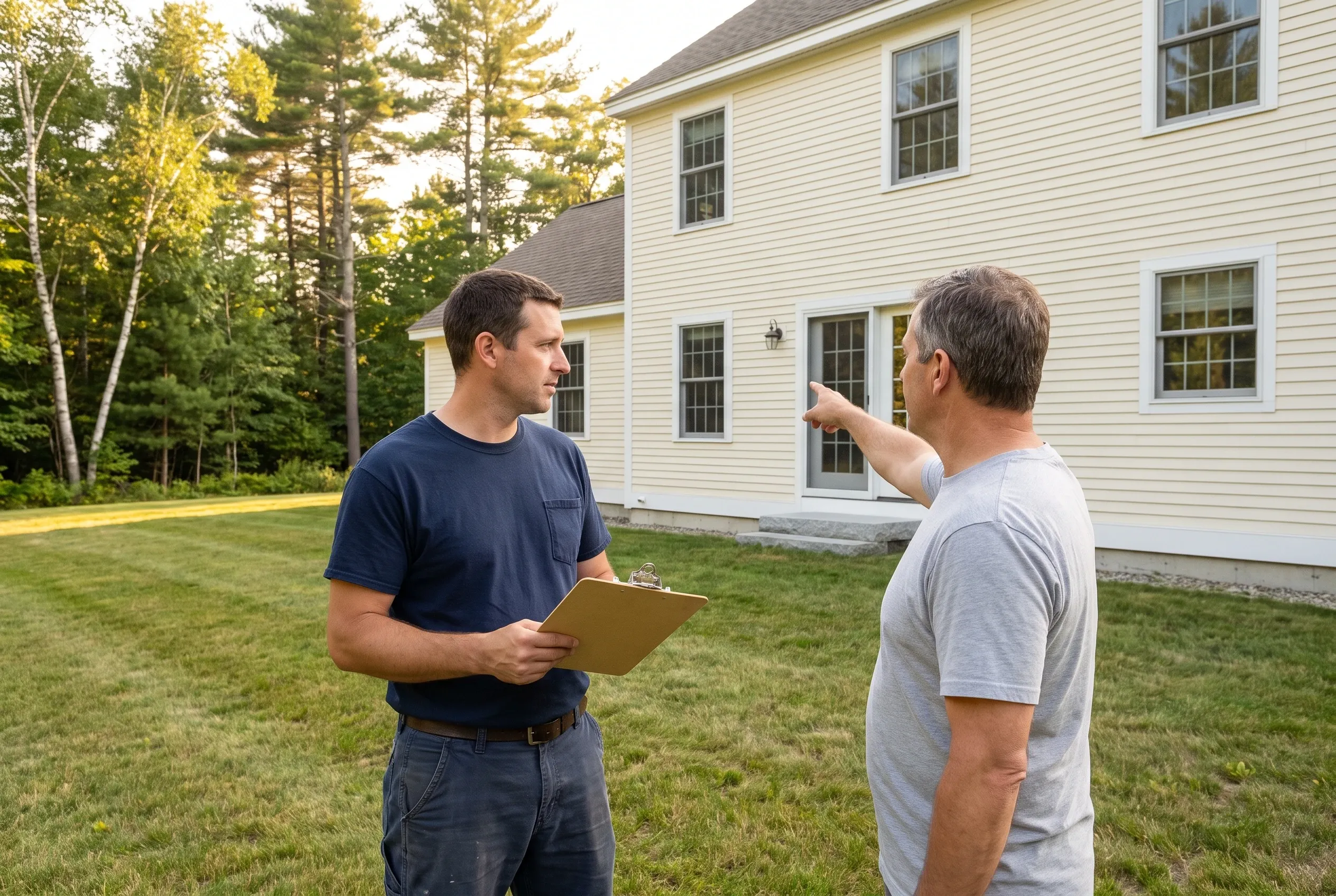 Two men talk in a backyard; one holds a clipboard while the other points toward the rear wall of a pale yellow house