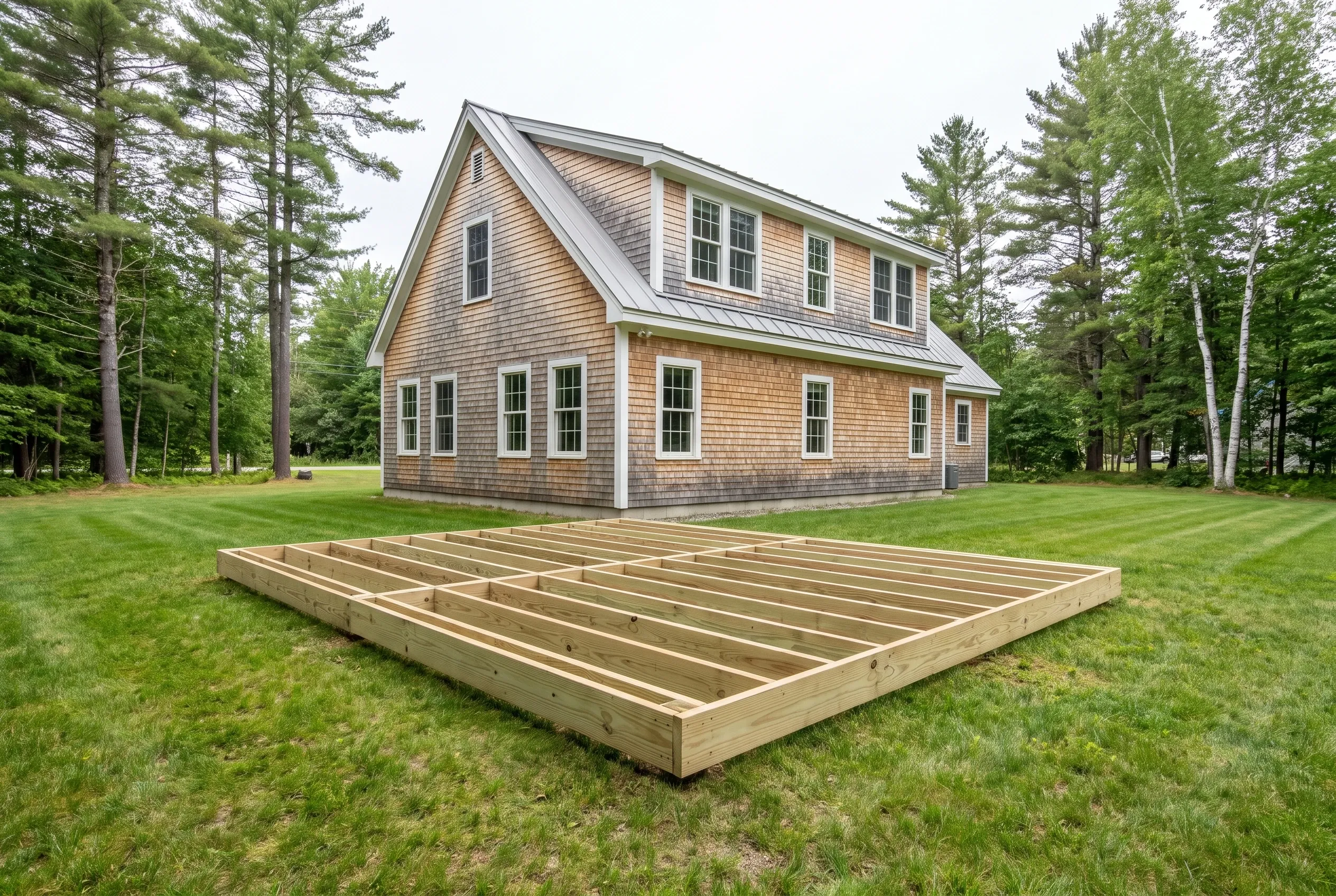 Undecked rectangular wood deck frame with interior joists resting on a lawn behind a cedar-shingled two-story house