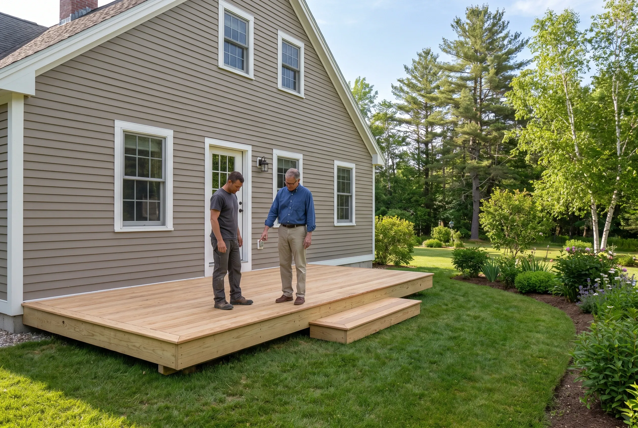 Two men stand on a low unfinished-wood deck with a single step behind a gray two-story house next to garden beds