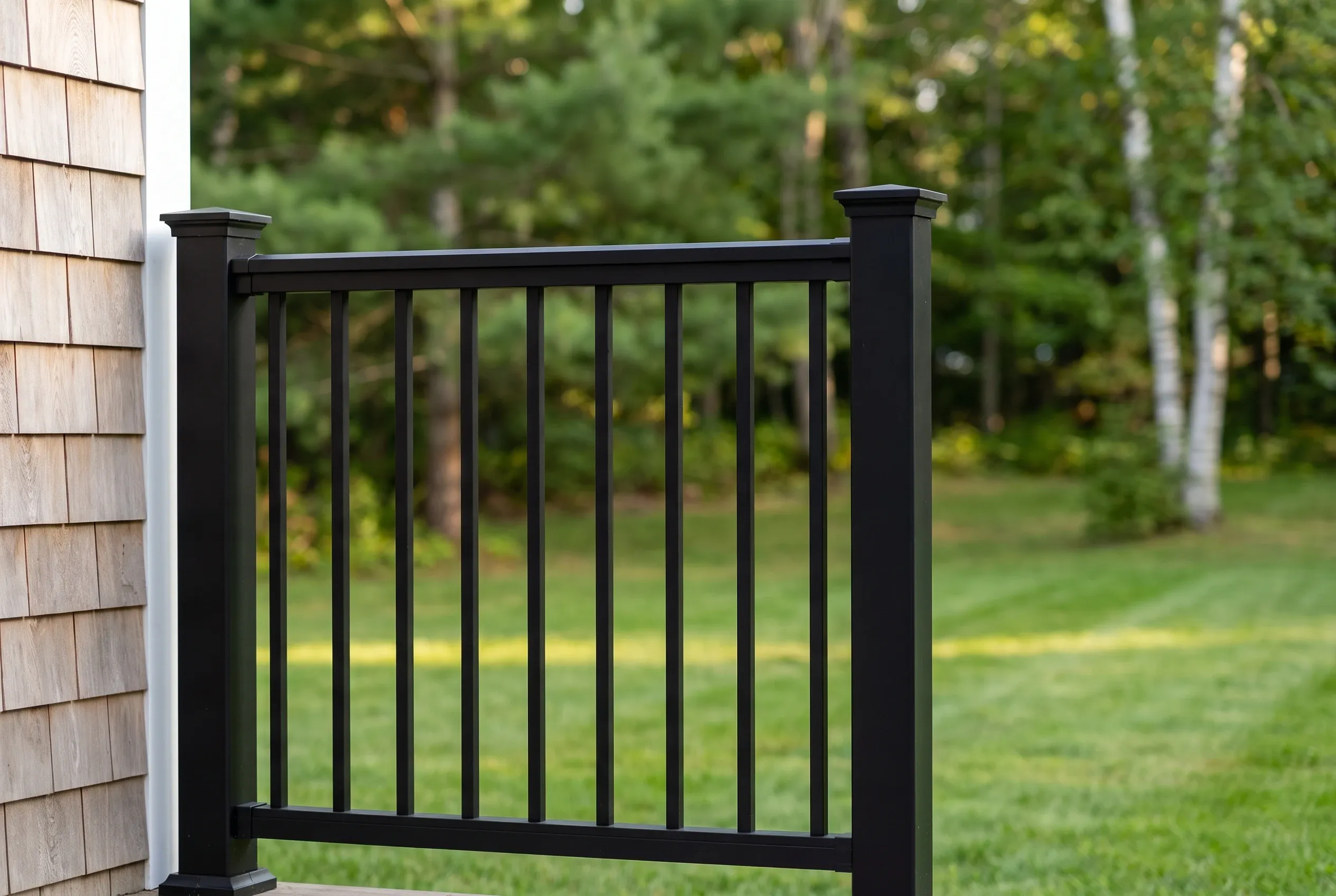 Close view of a black railing section with square posts and vertical balusters beside a cedar-shingled wall and lawn