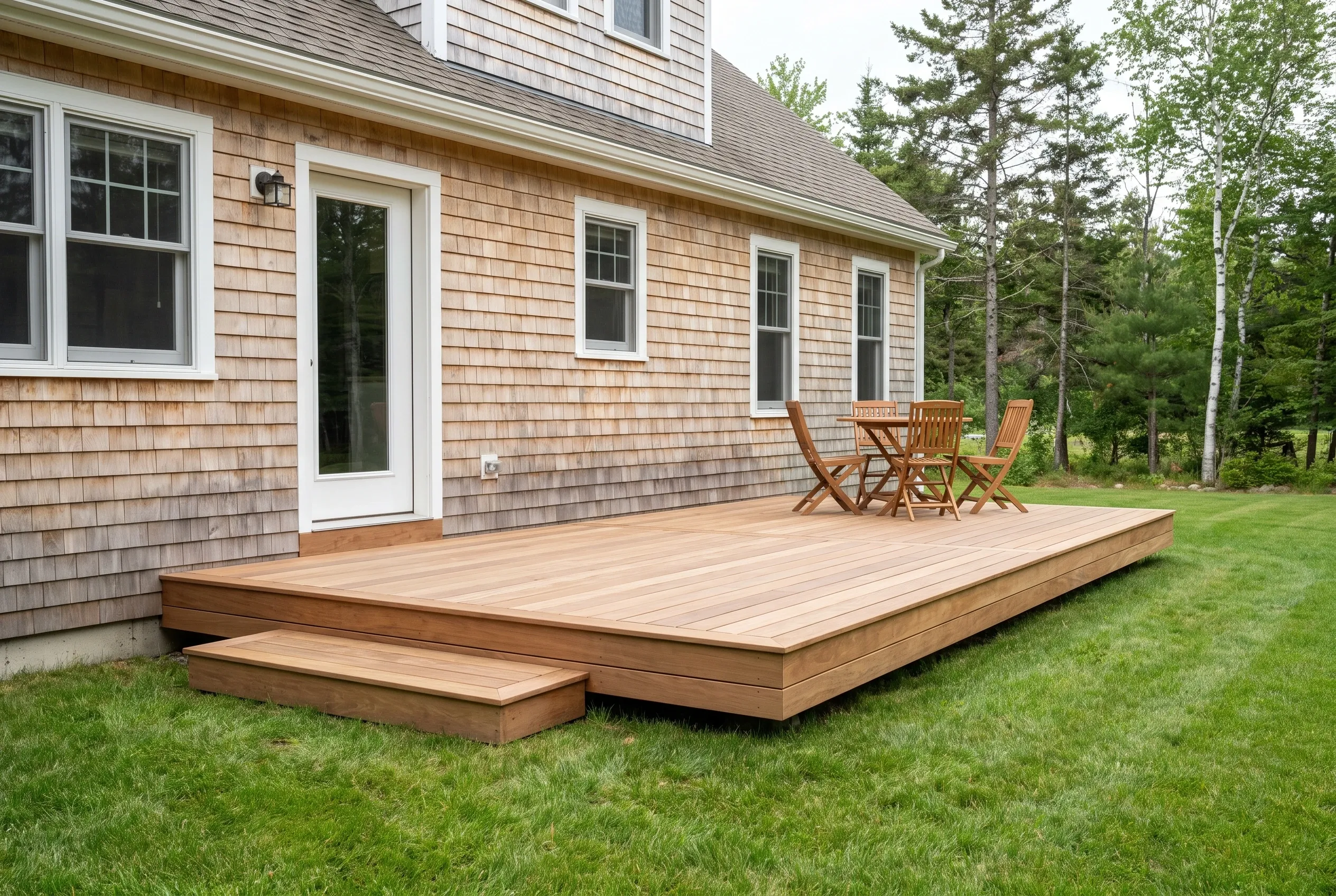 Low wood-toned deck with a step behind a cedar-shingled house, furnished with a wooden table and folding chairs