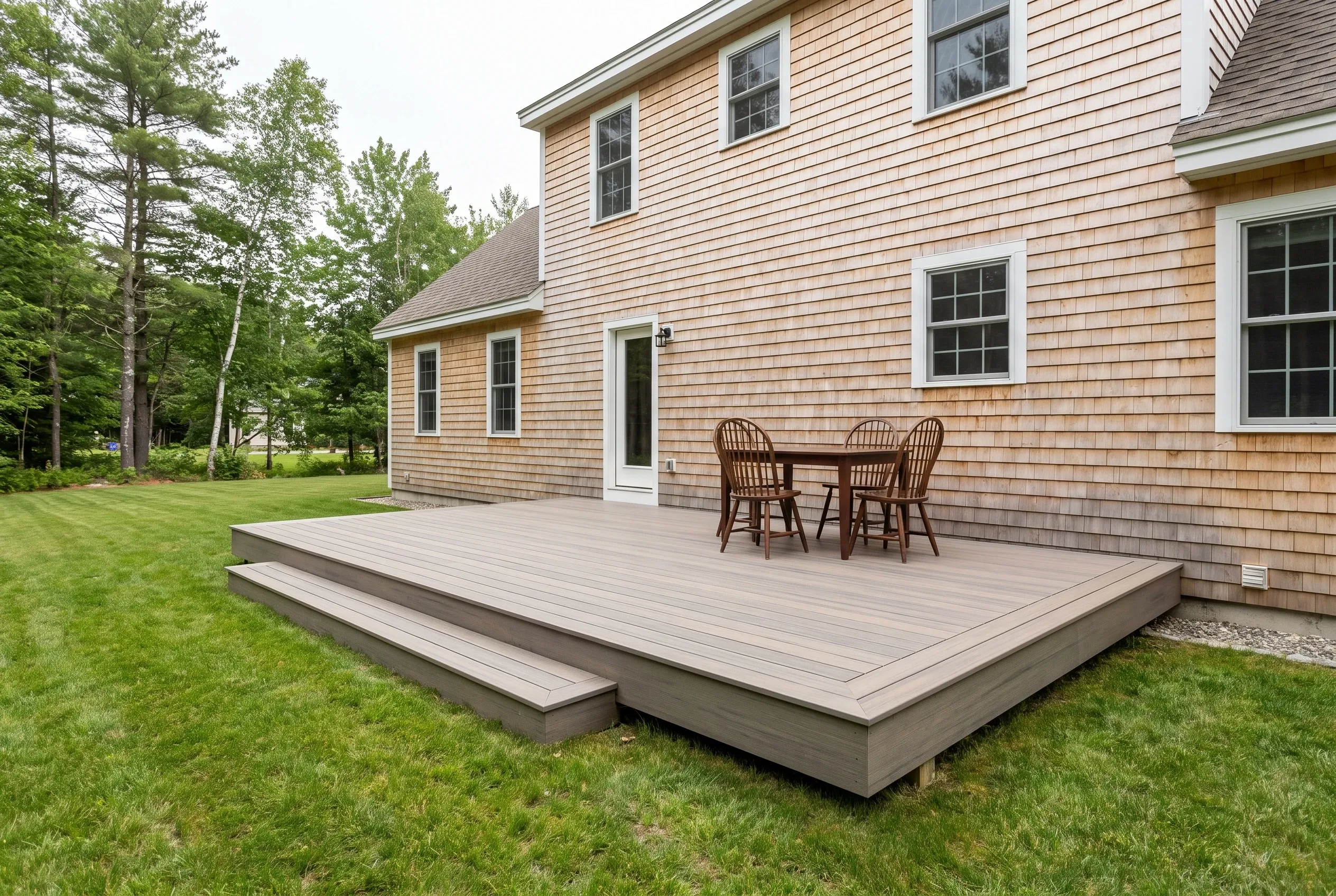 Deck builders in Brunswick, ME: low gray deck with a long step, wooden table and chairs, beside a cedar-shingled house