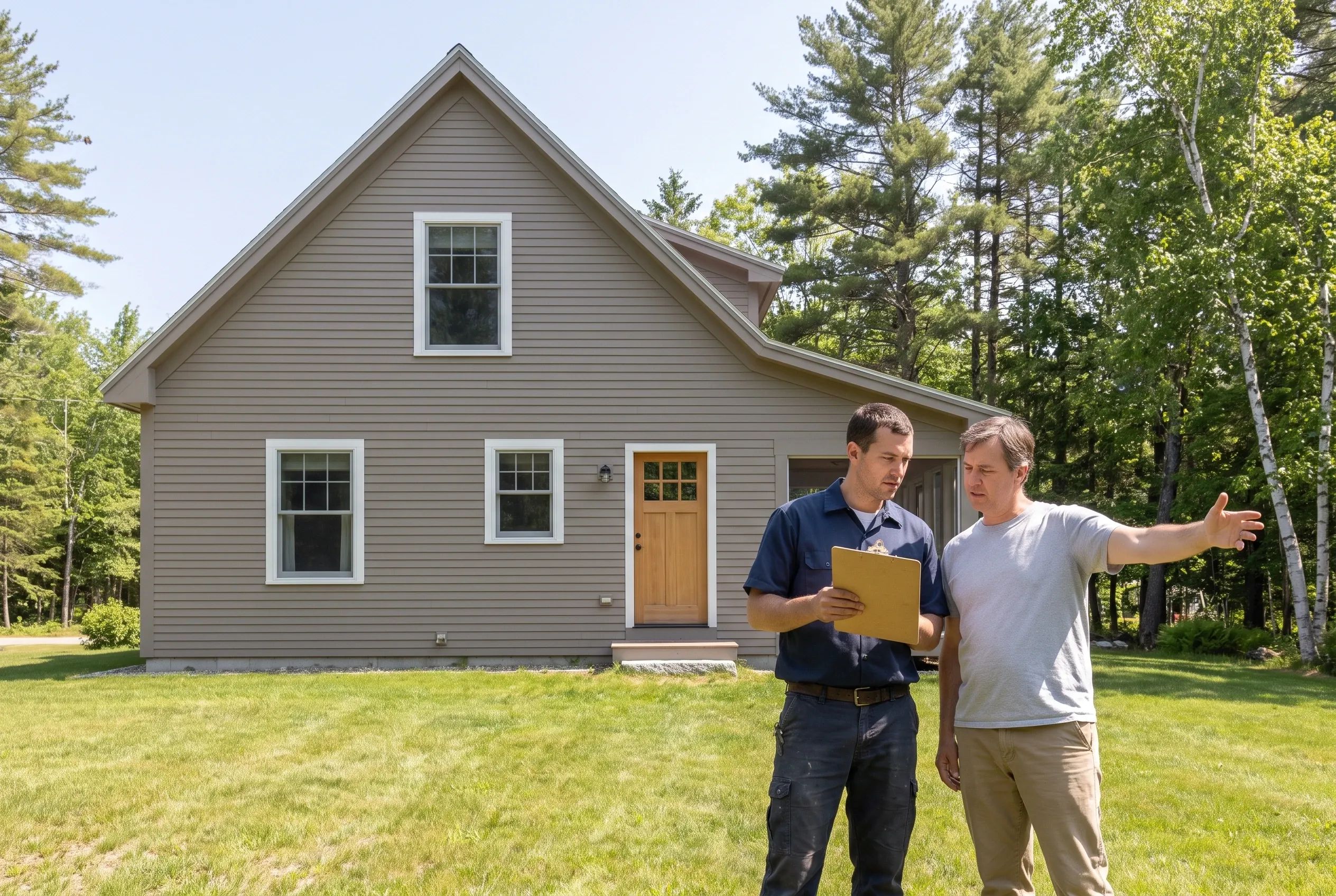 Two men stand on a lawn behind a gray house; one holds a clipboard while the other gestures across the yard