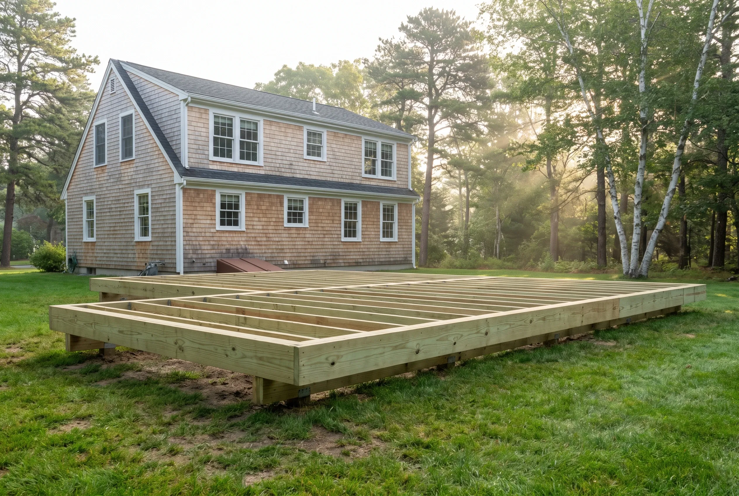Undecked rectangular wood deck frame with exposed joists resting on a lawn in front of a two-story shingled house and trees