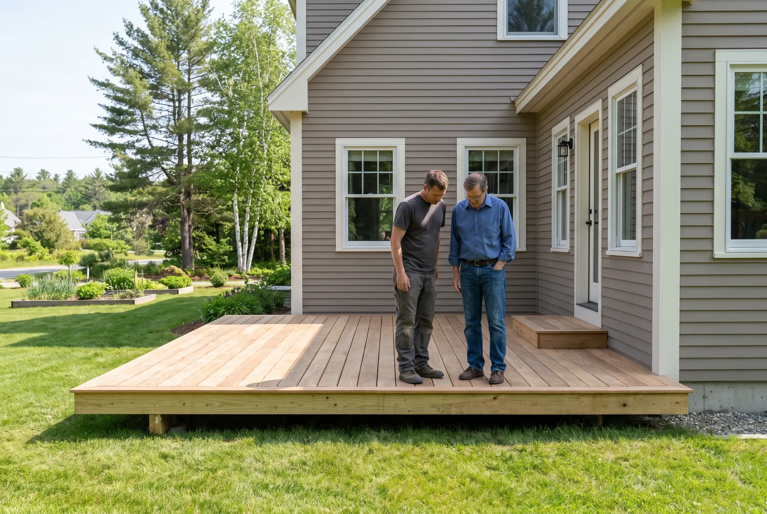 Two men stand on a finished low wood deck beside a gray-sided house, looking down at the decking boards