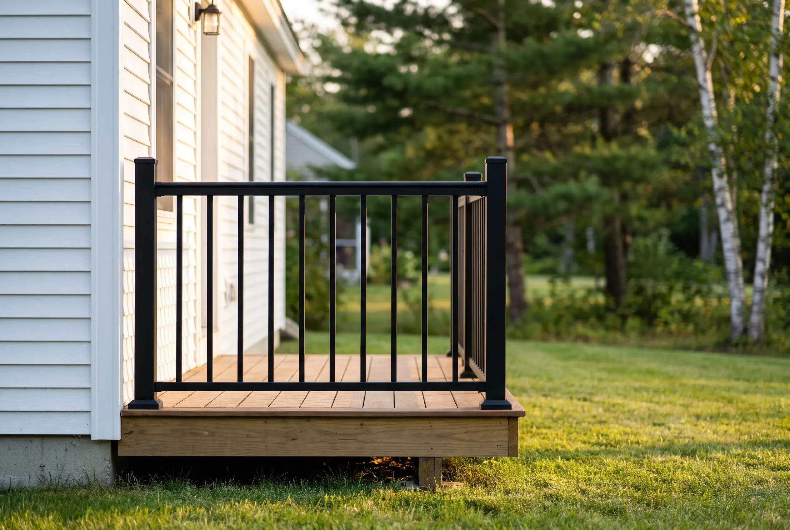Close view of a small low deck corner with black metal balusters and posts beside white siding, with trees behind