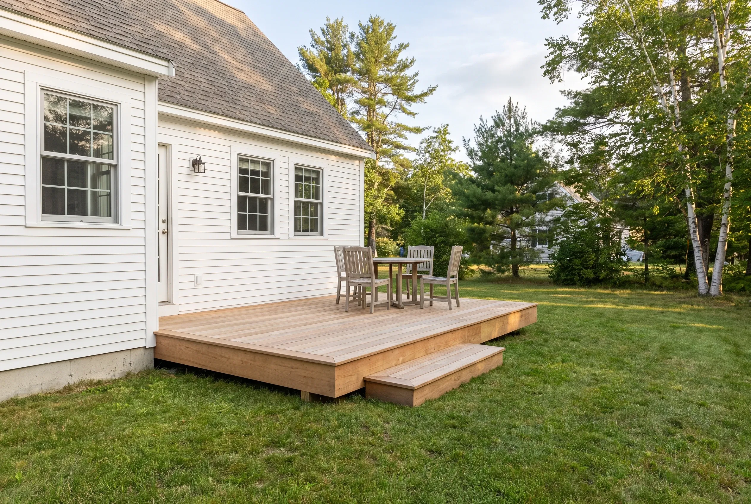 Low wood-toned deck with a step, a table and chairs, attached to a white sided house beside a lawn