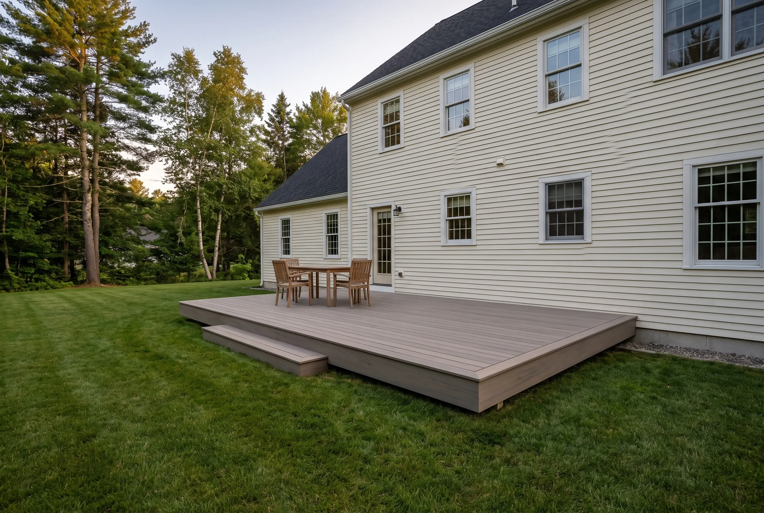 Deck builders in Buxton, ME: Low gray deck with side steps, a table and chairs behind a cream two-story sided house