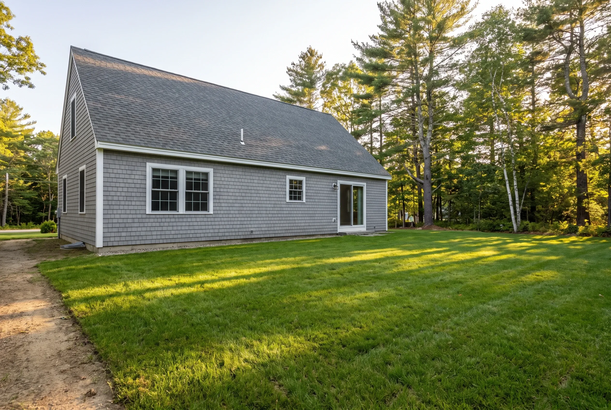 Back of a gray shingled Cape-style house with an open lawn, dirt path, and tall pine trees, no deck present