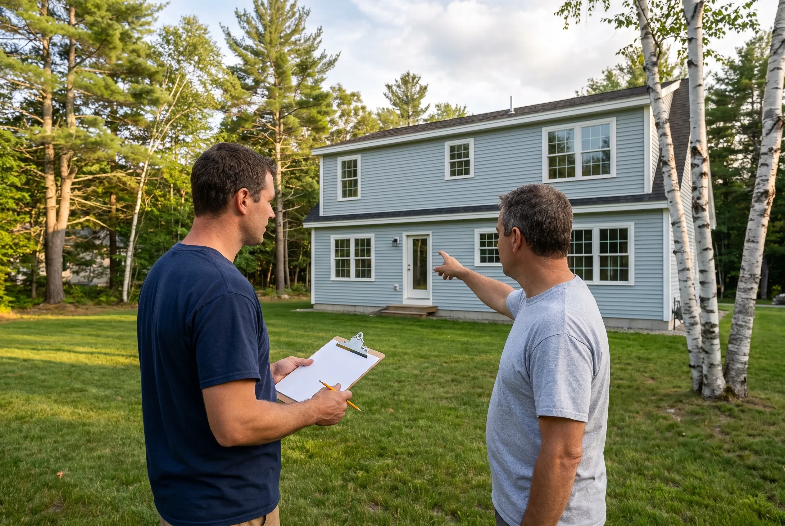 Two men stand in a backyard, one holding a clipboard while the other points toward a pale blue two-story house