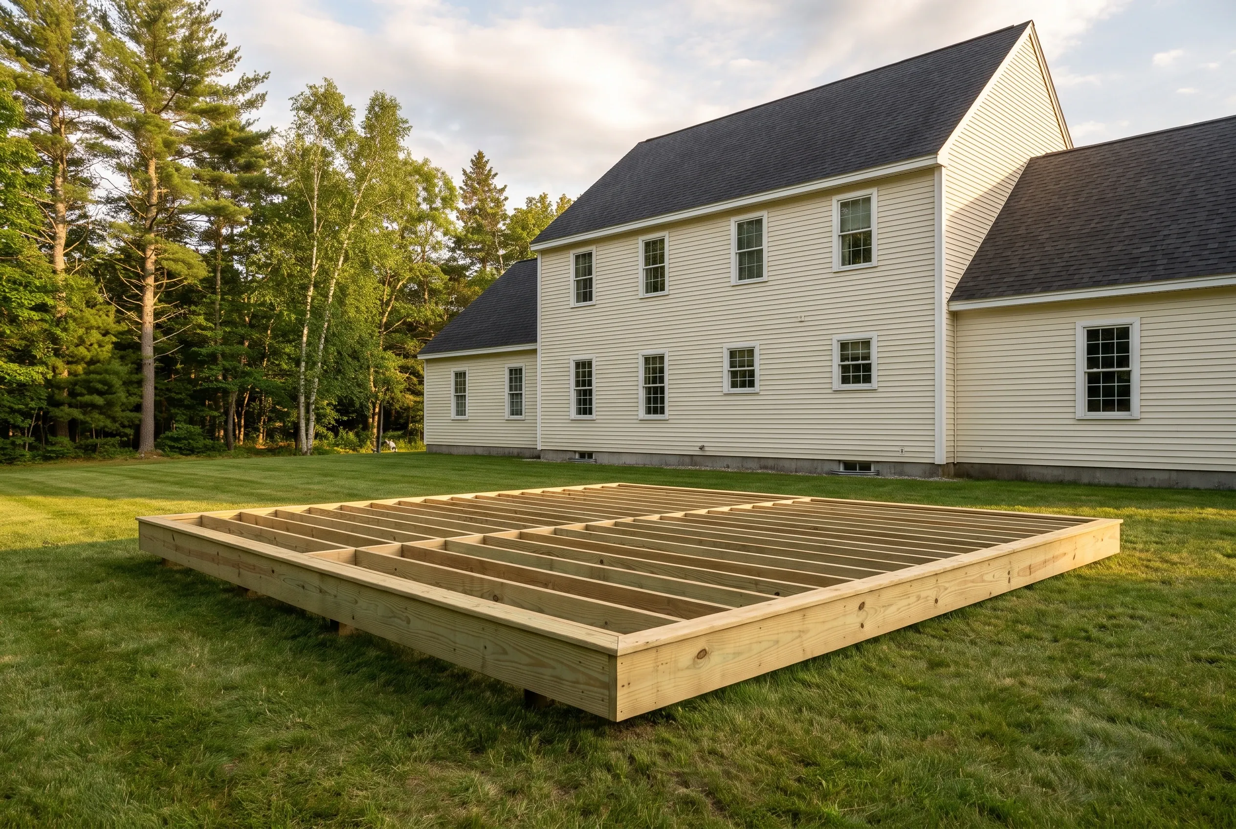 Undecked wood deck frame with exposed joists sitting on a lawn behind a cream two-story house with trees