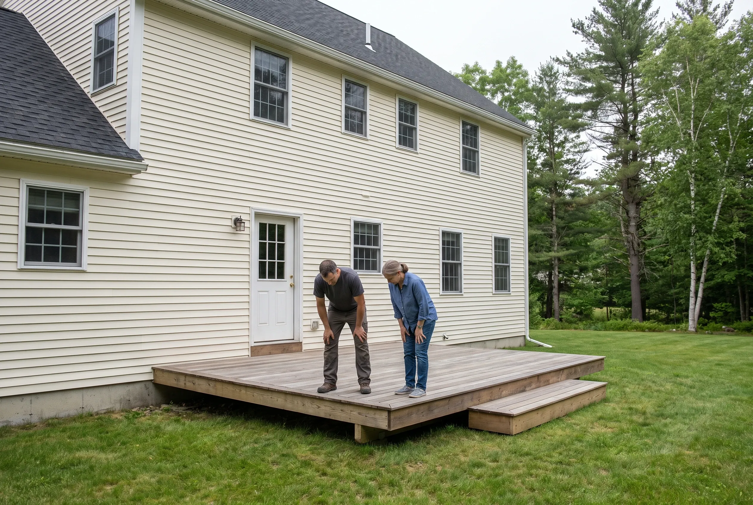 Two people bend to inspect a low weathered-tone deck with a step behind a cream two-story sided house