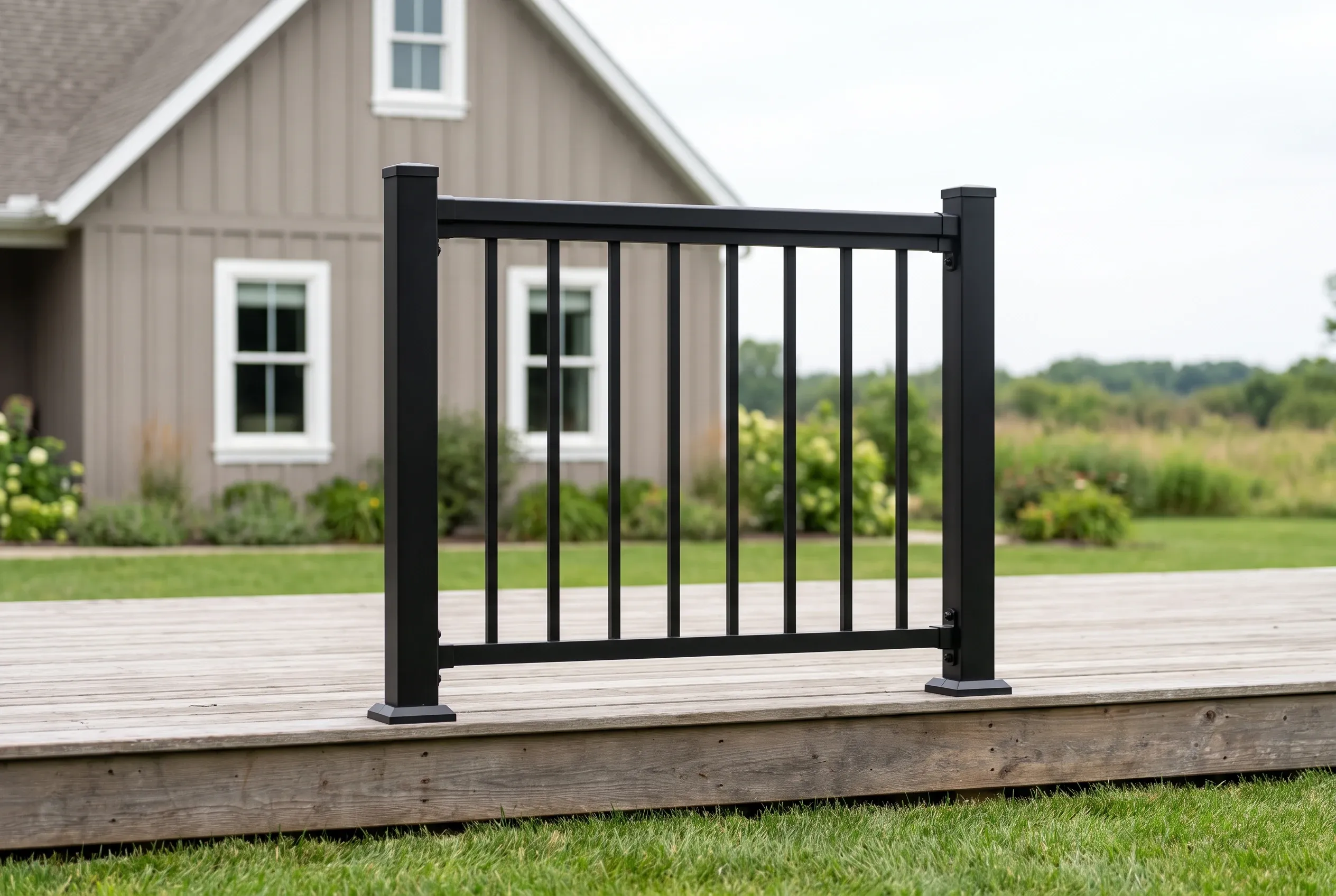 Black railing section with vertical balusters on a low weathered wood deck in front of a taupe board-and-batten house