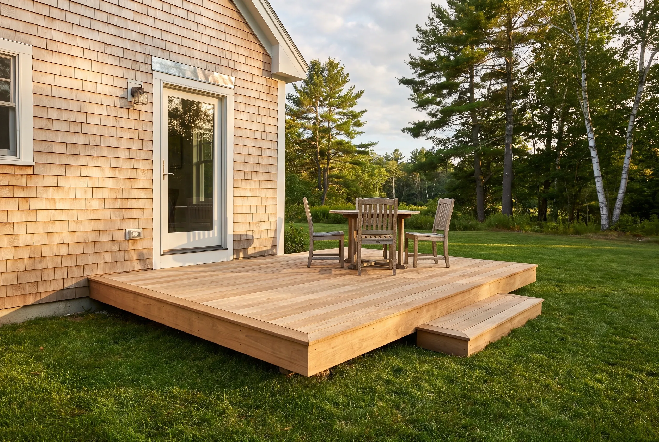 Low wood deck with a step, a round table and chairs, attached beside a glass door of a cedar-shingled house