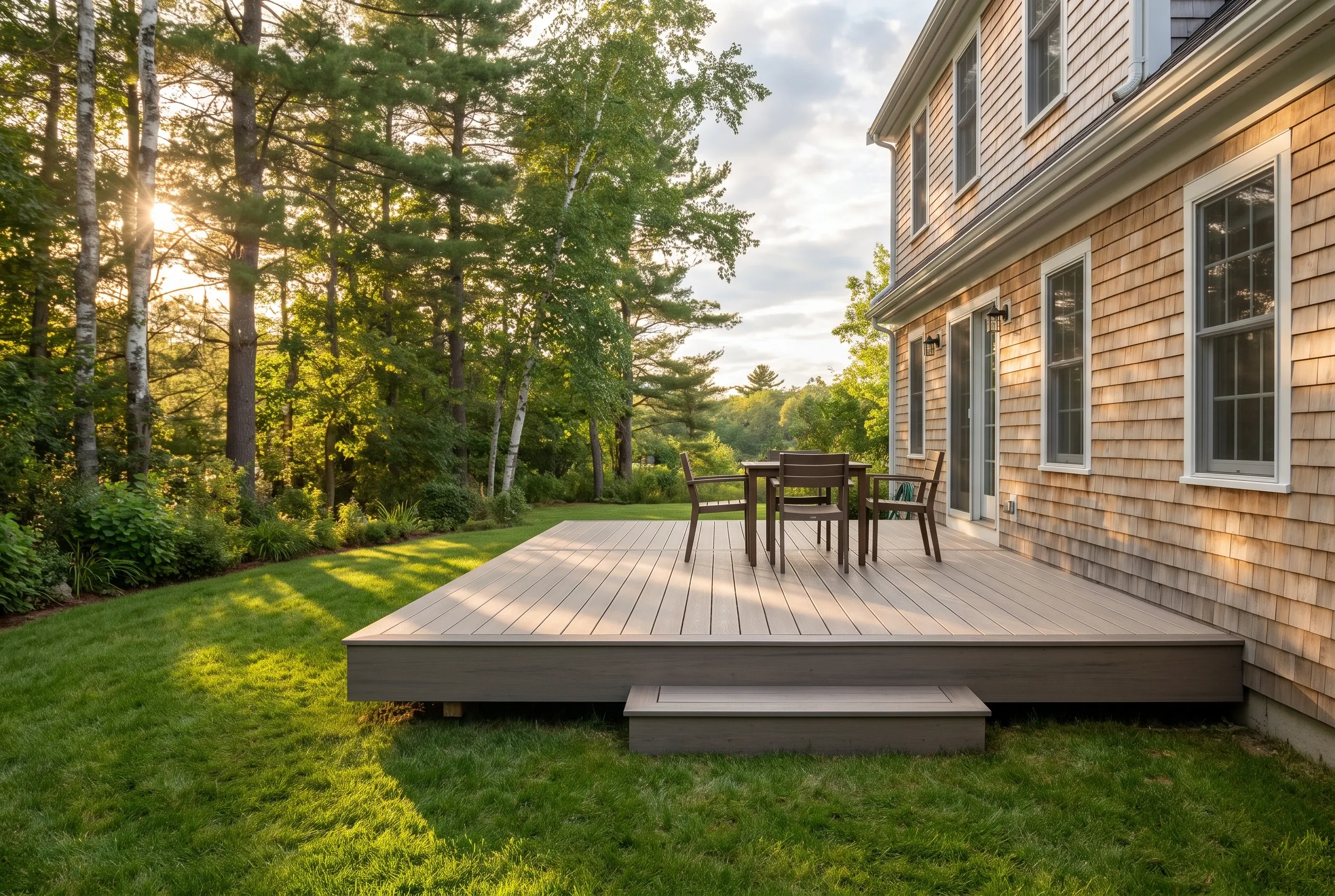 Deck builders in Cape Elizabeth, ME: low gray-brown deck with a step and dining table set beside a cedar-shingled house