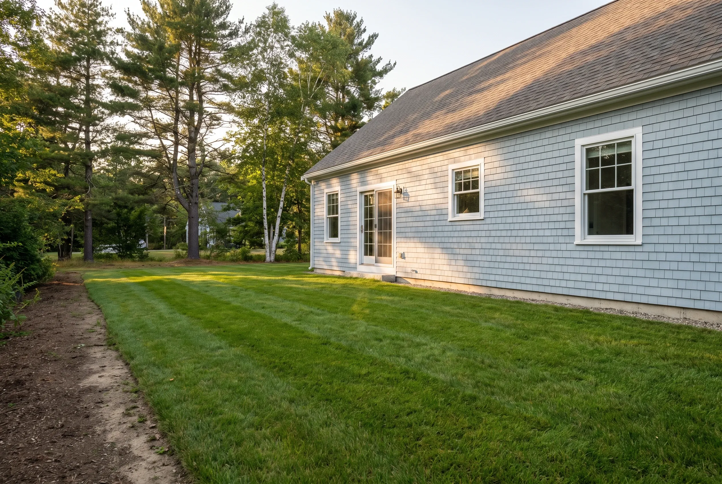 Side yard lawn with a strip of bare soil along the trees next to a light blue shingled house, with no deck present