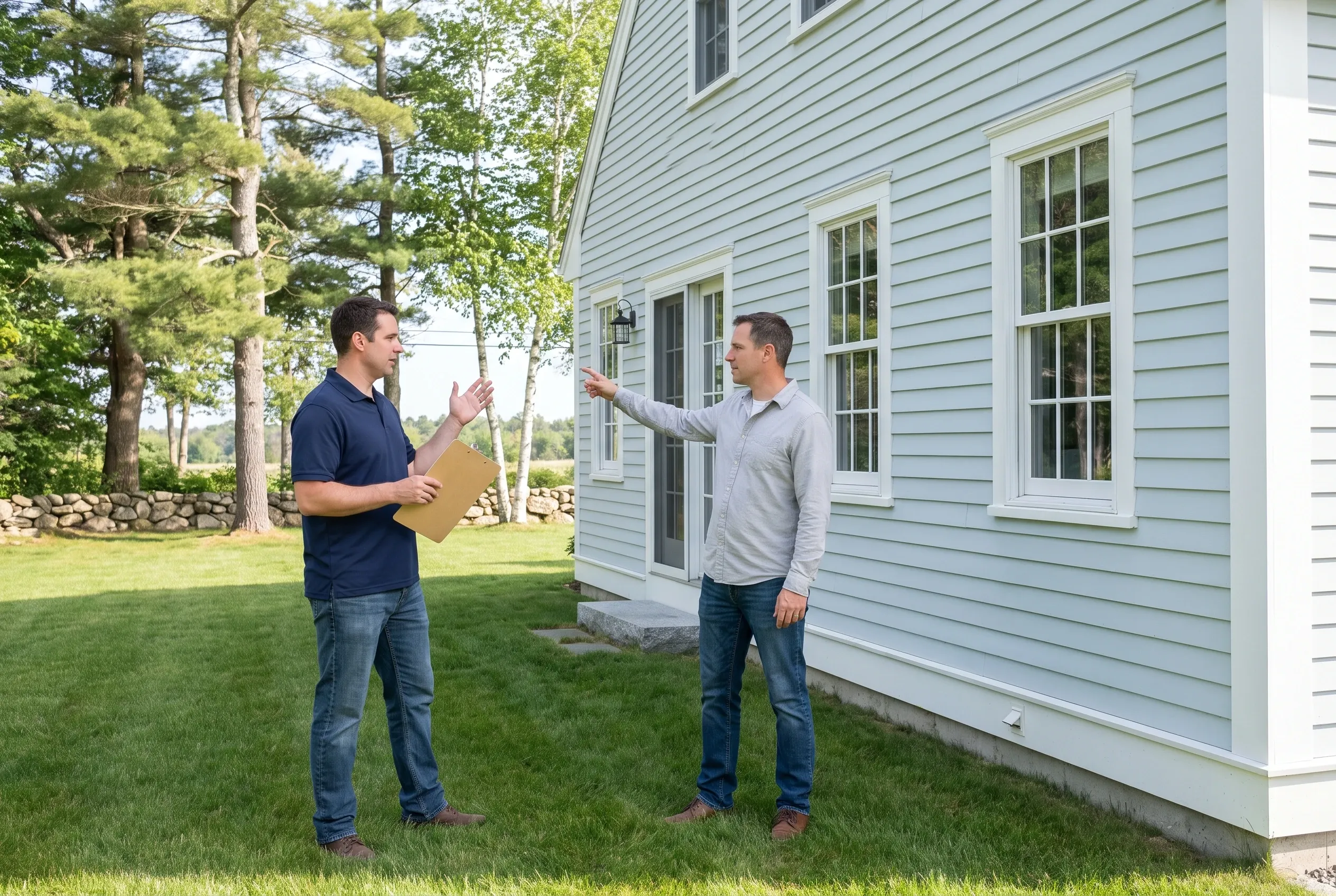 Two men talk on a lawn beside a white-sided house; one holds a folder while the other points toward the wall