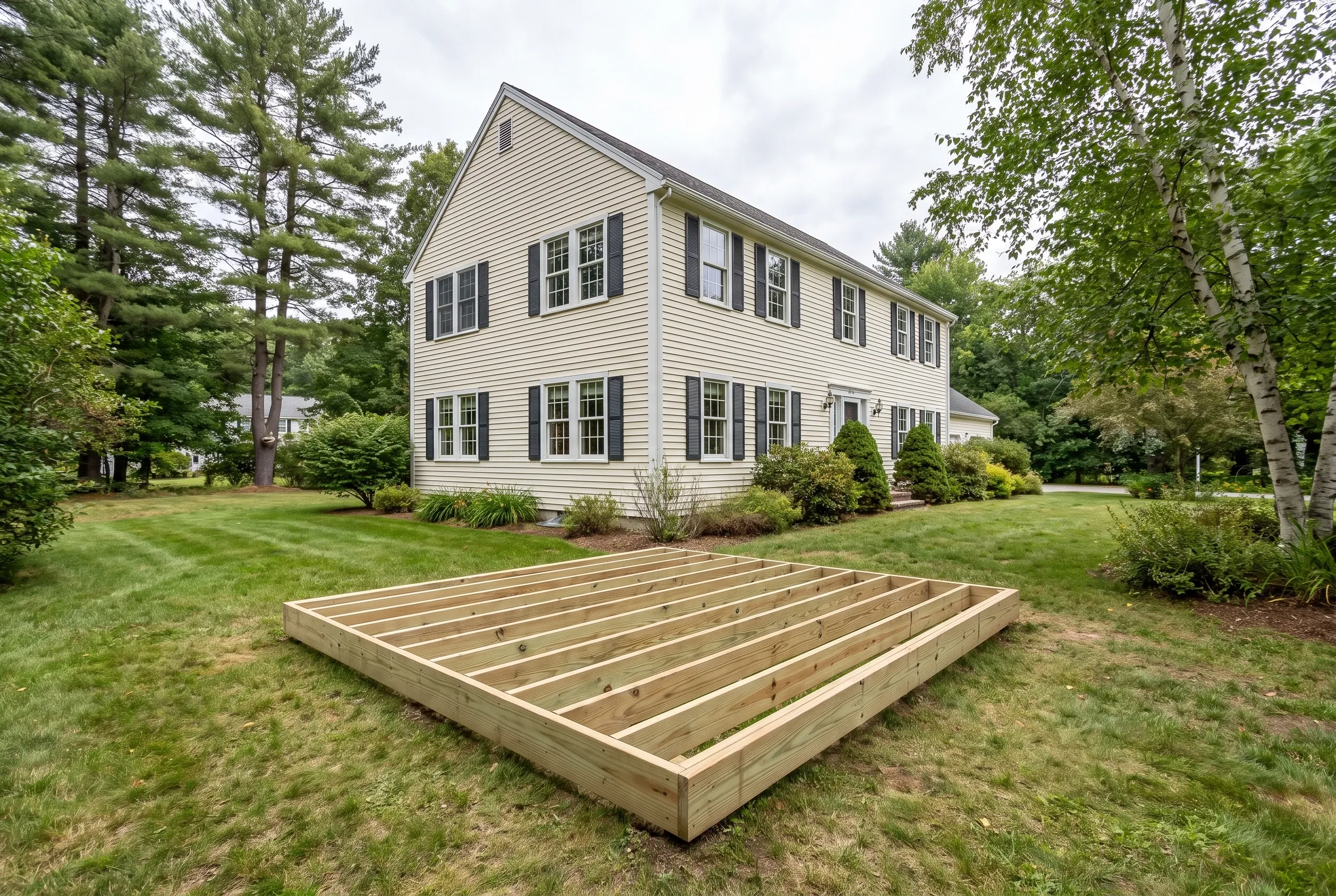 Undecked rectangular wood deck frame with exposed joists sitting on a lawn in front of a white colonial house