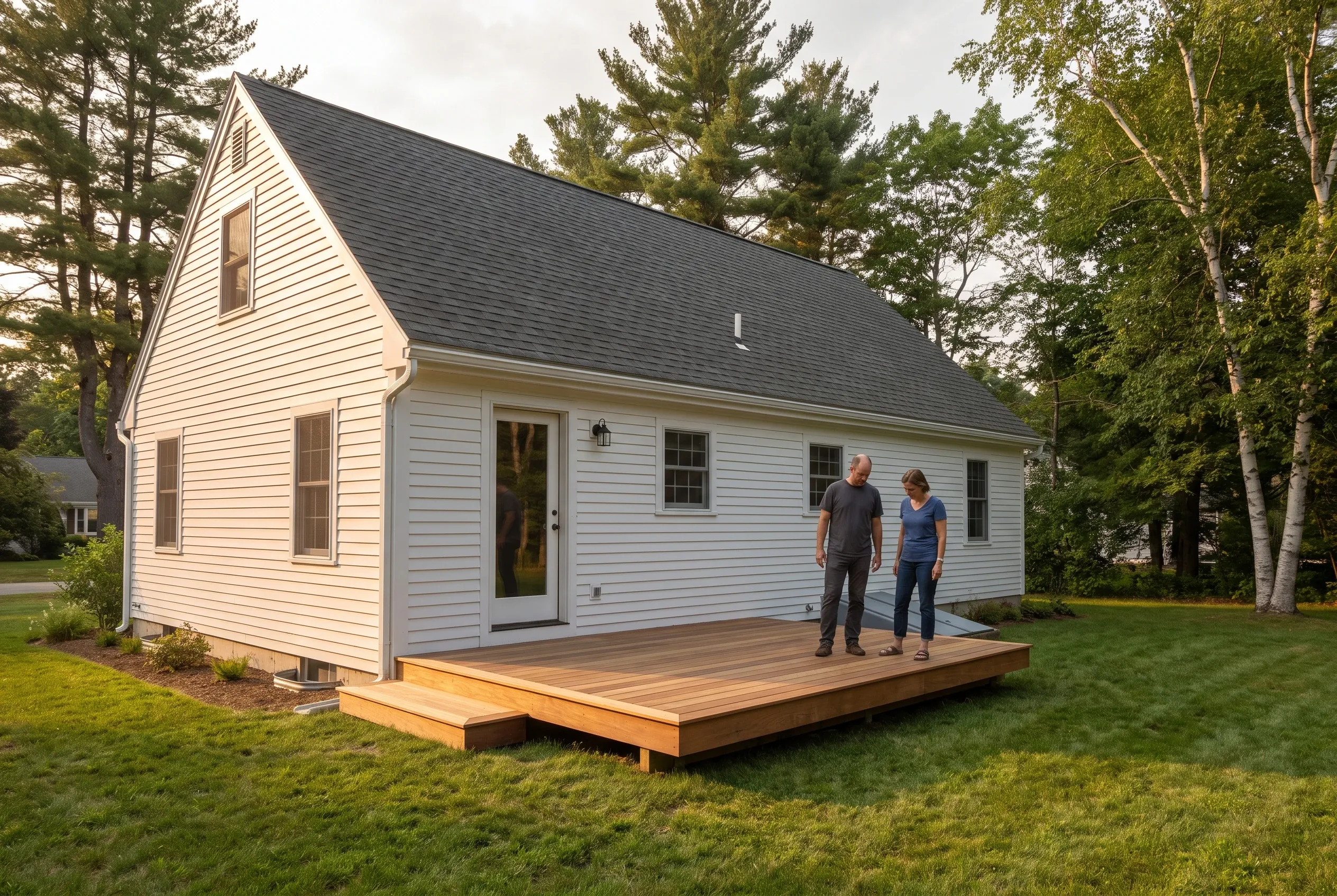 Two people stand on a finished low wood deck with a step along the back of a white-sided house