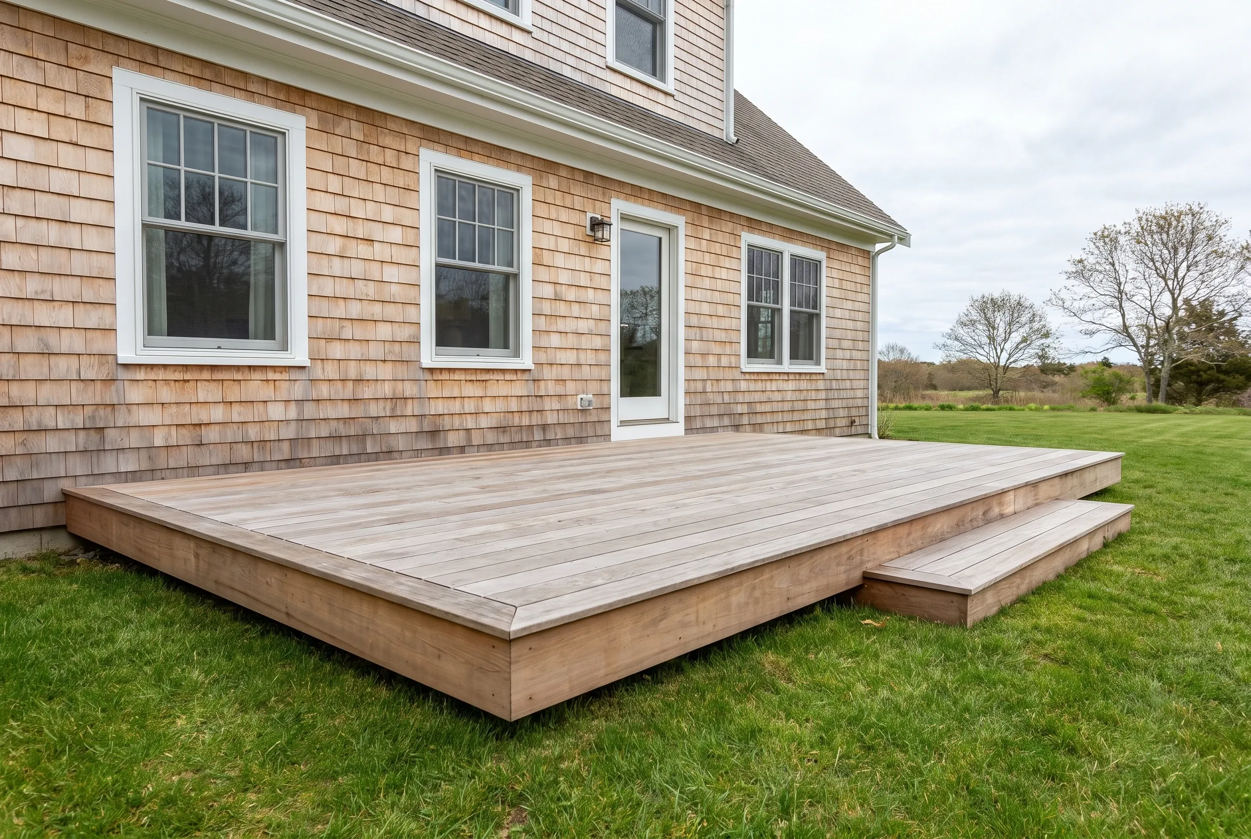 Low weathered wood deck with a single side step on a lawn behind a cedar-shingled house with white-trimmed windows.