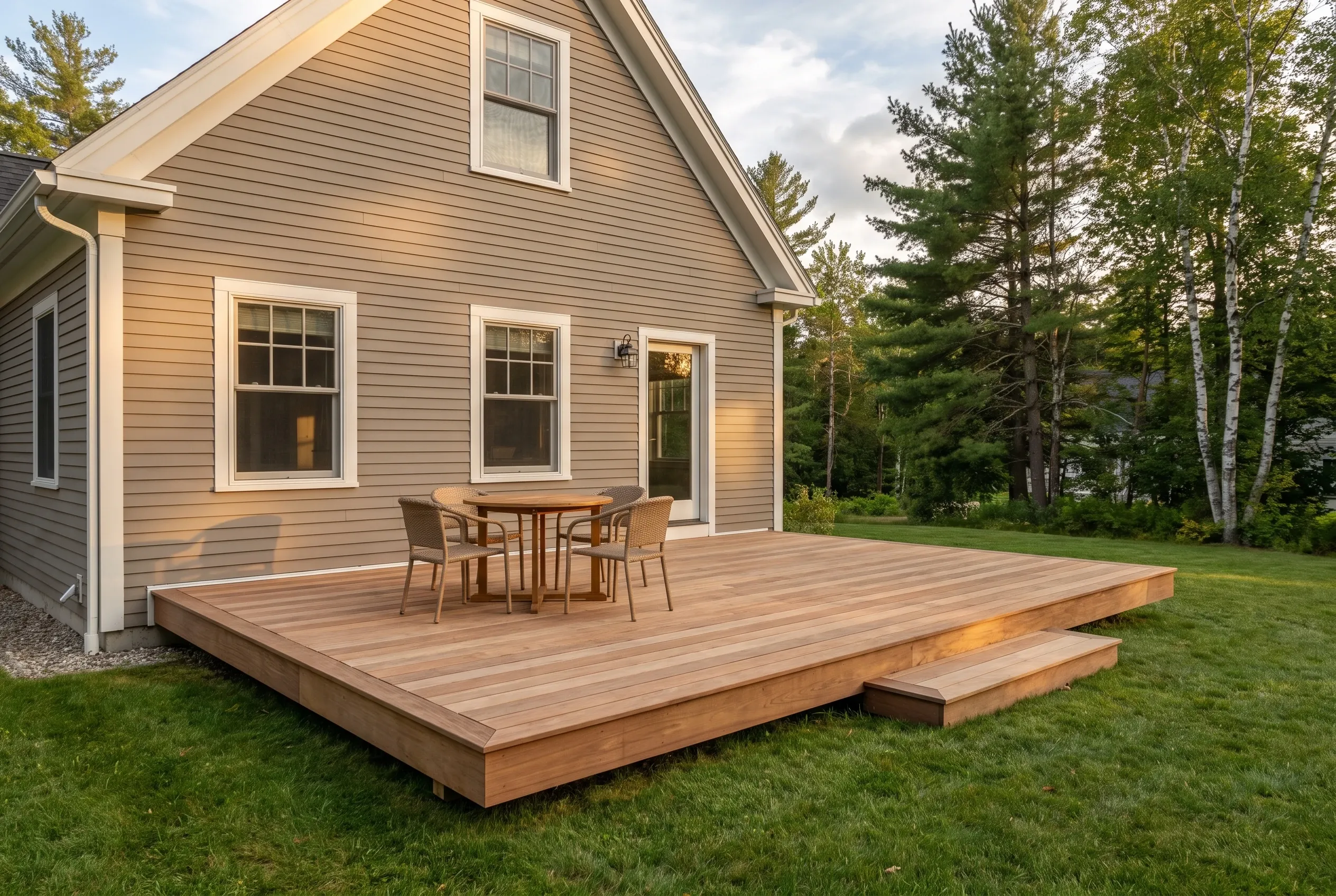 Low wood-toned deck with a step, a round table and four chairs, attached to a tan-sided house beside tall pines