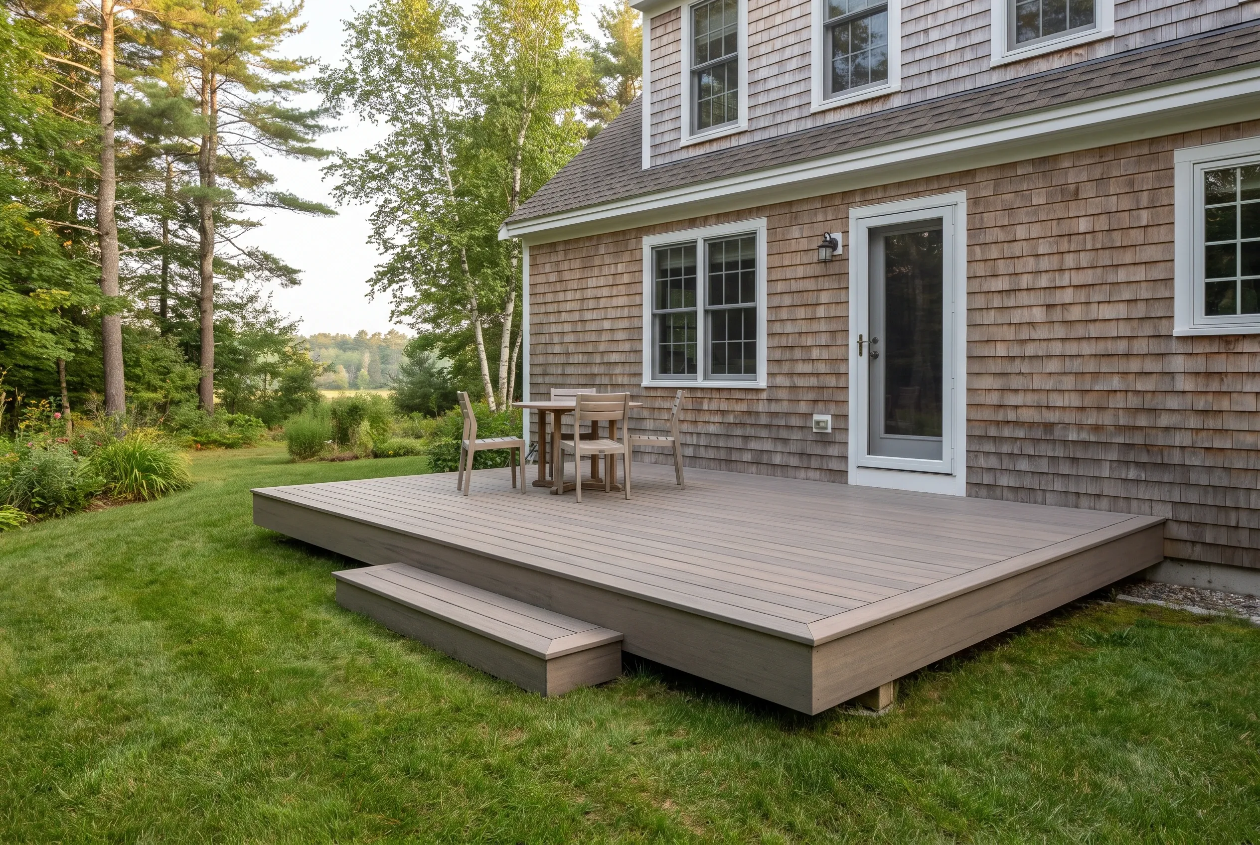 Deck builders in Casco, ME: low gray-board deck with a step, small table and chairs, attached to a cedar-shingled house