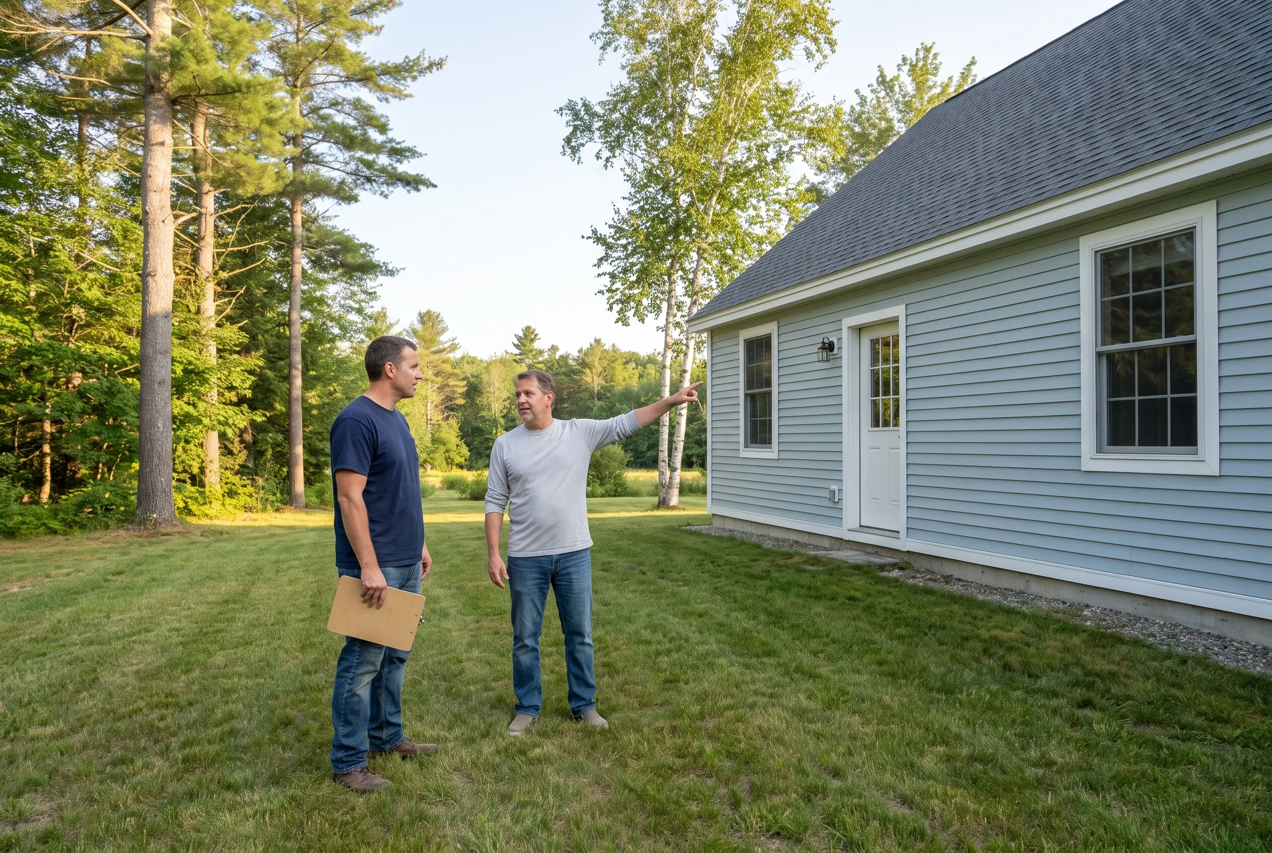 Two men standing in a backyard beside a blue-sided house, one holding a clipboard while the other points toward the yard