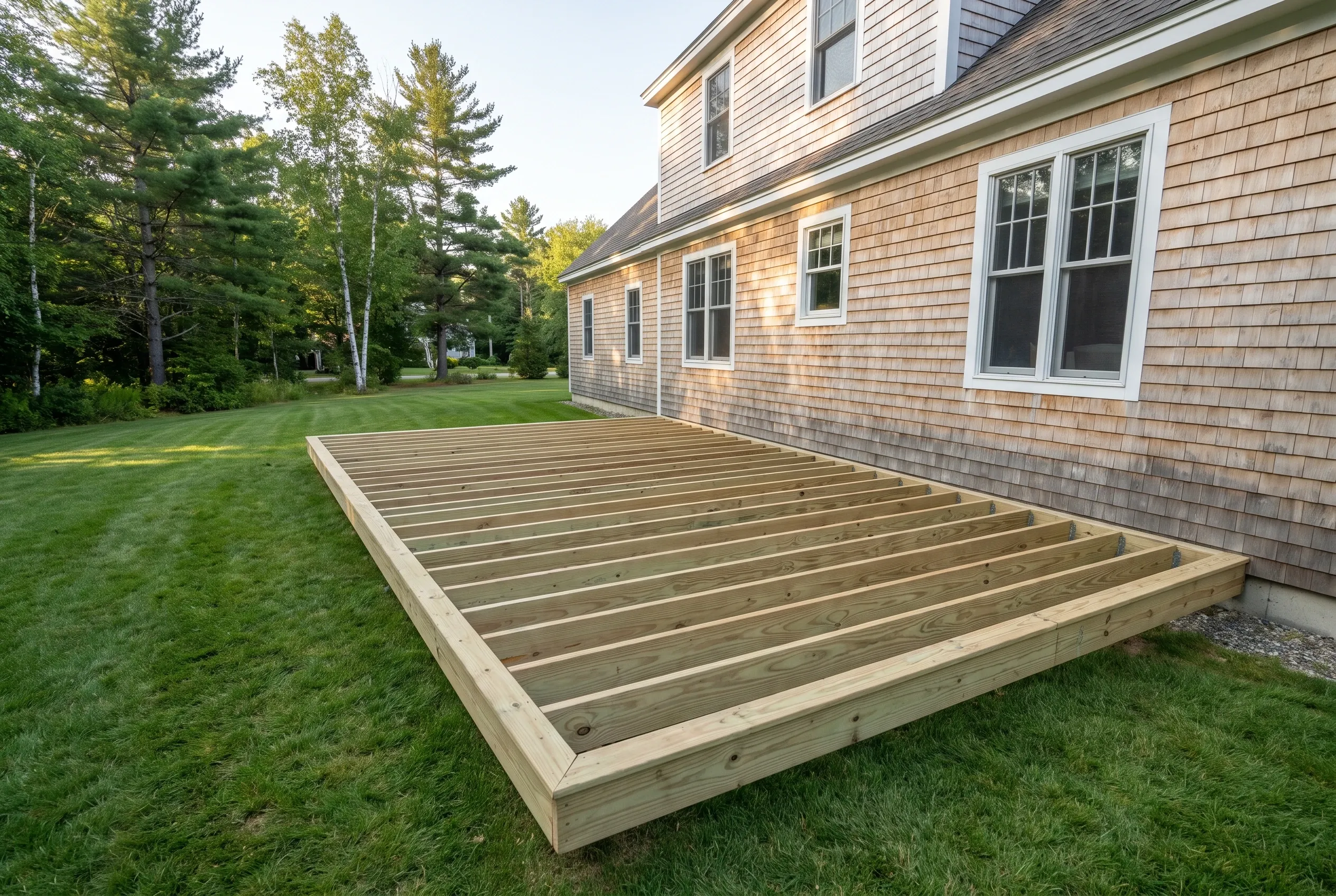 Undecked wood frame with evenly spaced joists and rim boards on a lawn, set against a cedar-shingled house