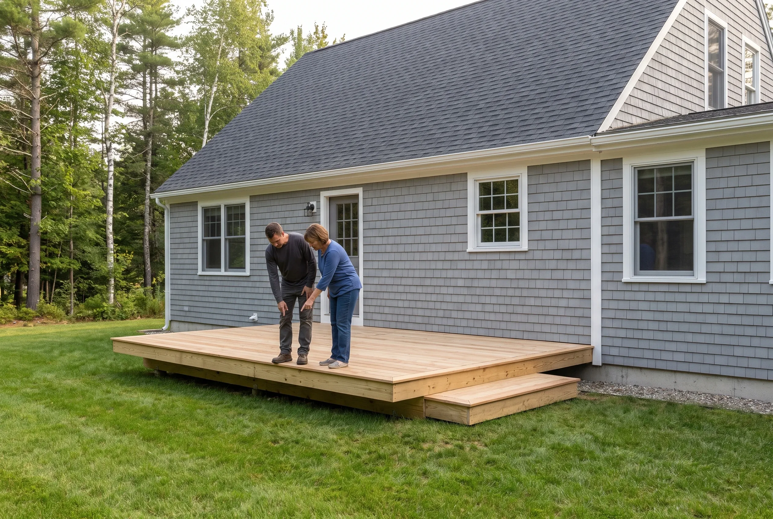 Two people standing on a low light wood deck looking down at the boards, attached to a gray-shingled house