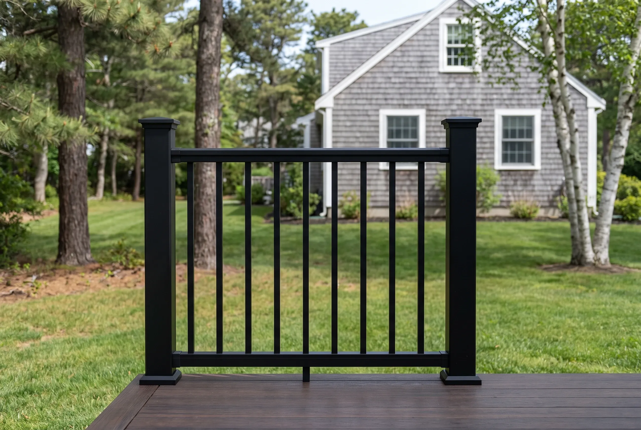 Black metal railing section with vertical balusters mounted on a dark deck surface, with a lawn, trees, and gray shingled house behind