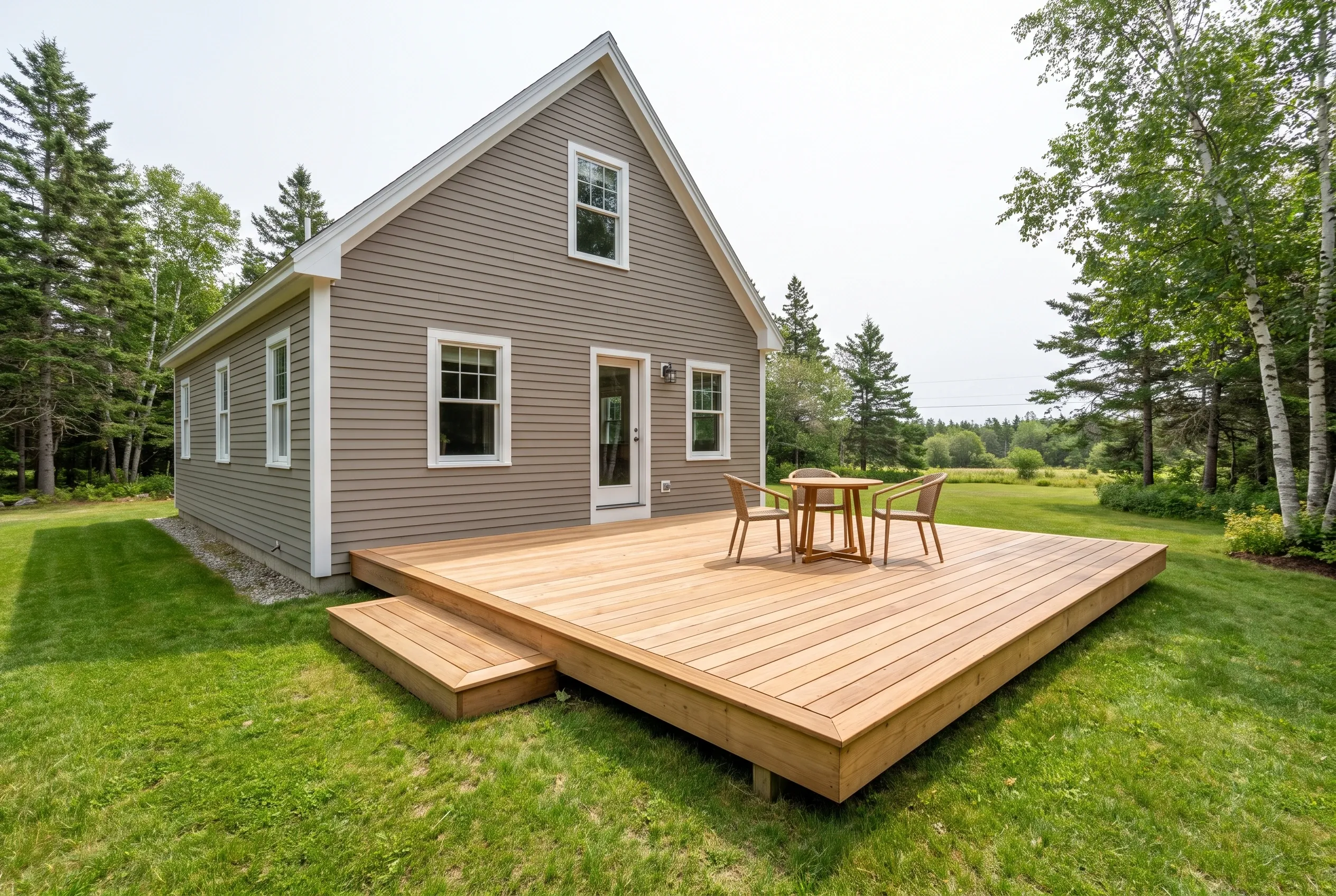 Low light wood platform deck with one step and a small table and chairs beside a taupe sided house on a lawn