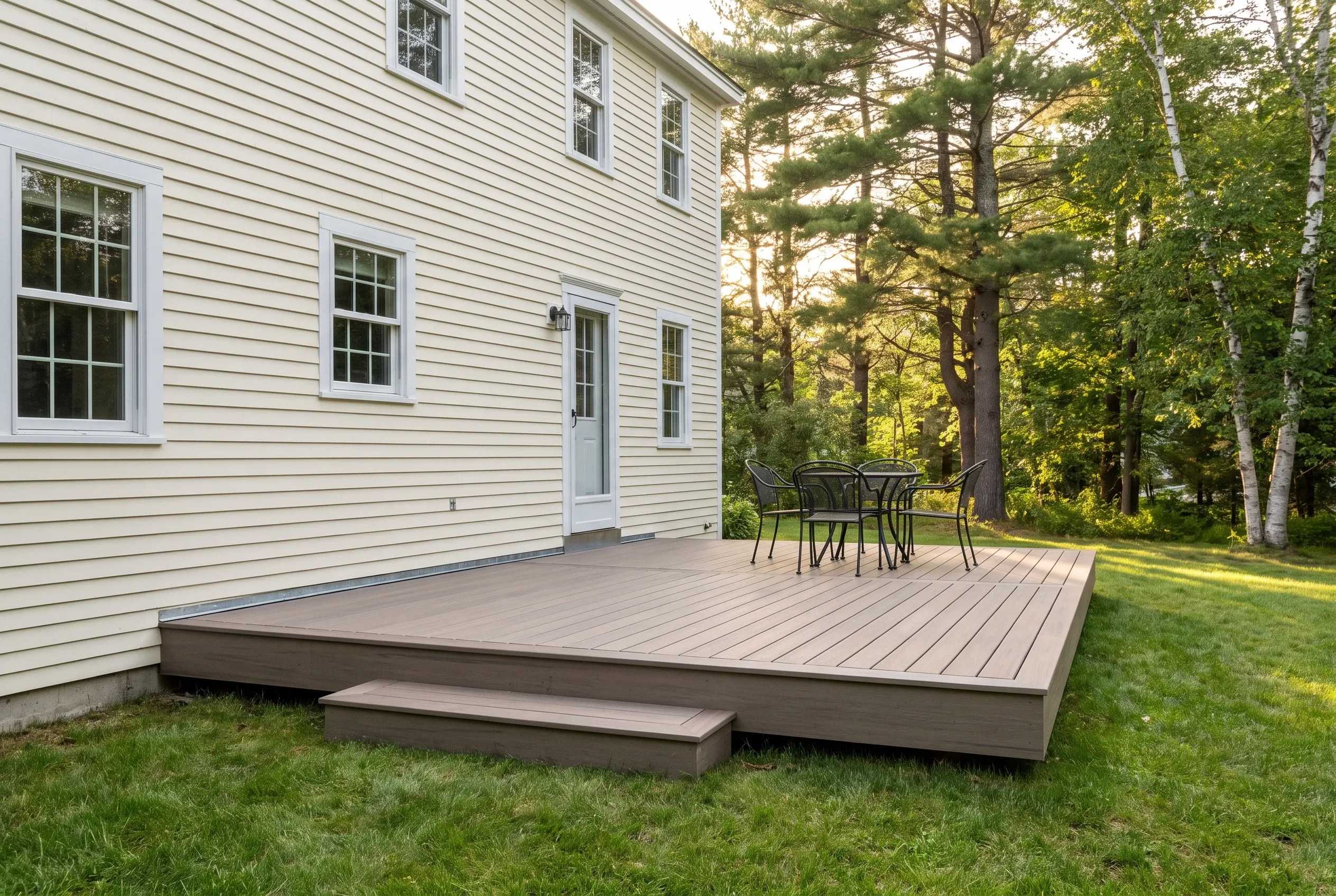 Deck builders in Chebeague Island, ME: low brown deck with a wide step and patio furniture beside a cream clapboard house and trees