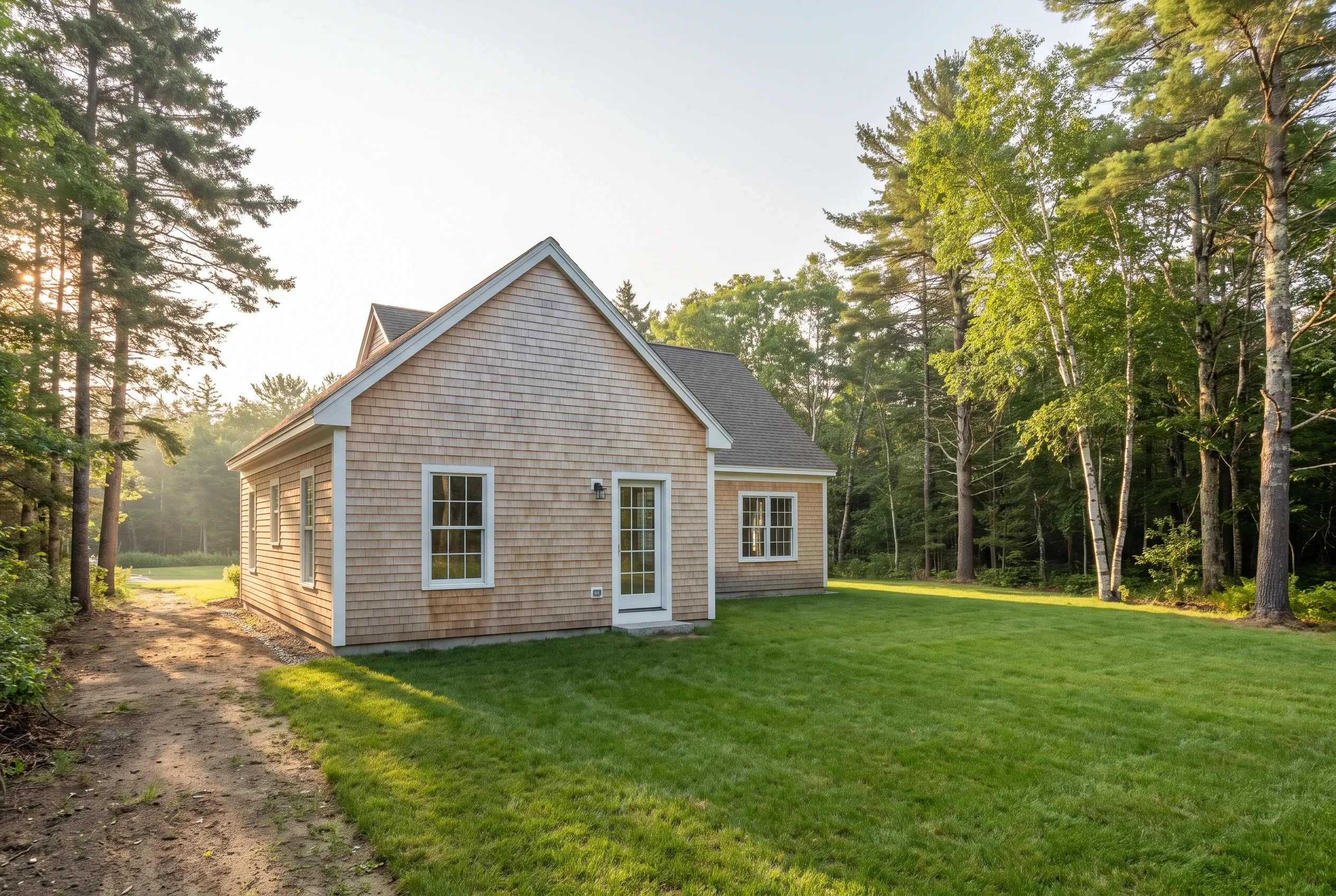 Back of a shingled cape house with an open lawn and a dirt path beside it, with no deck present, surrounded by trees