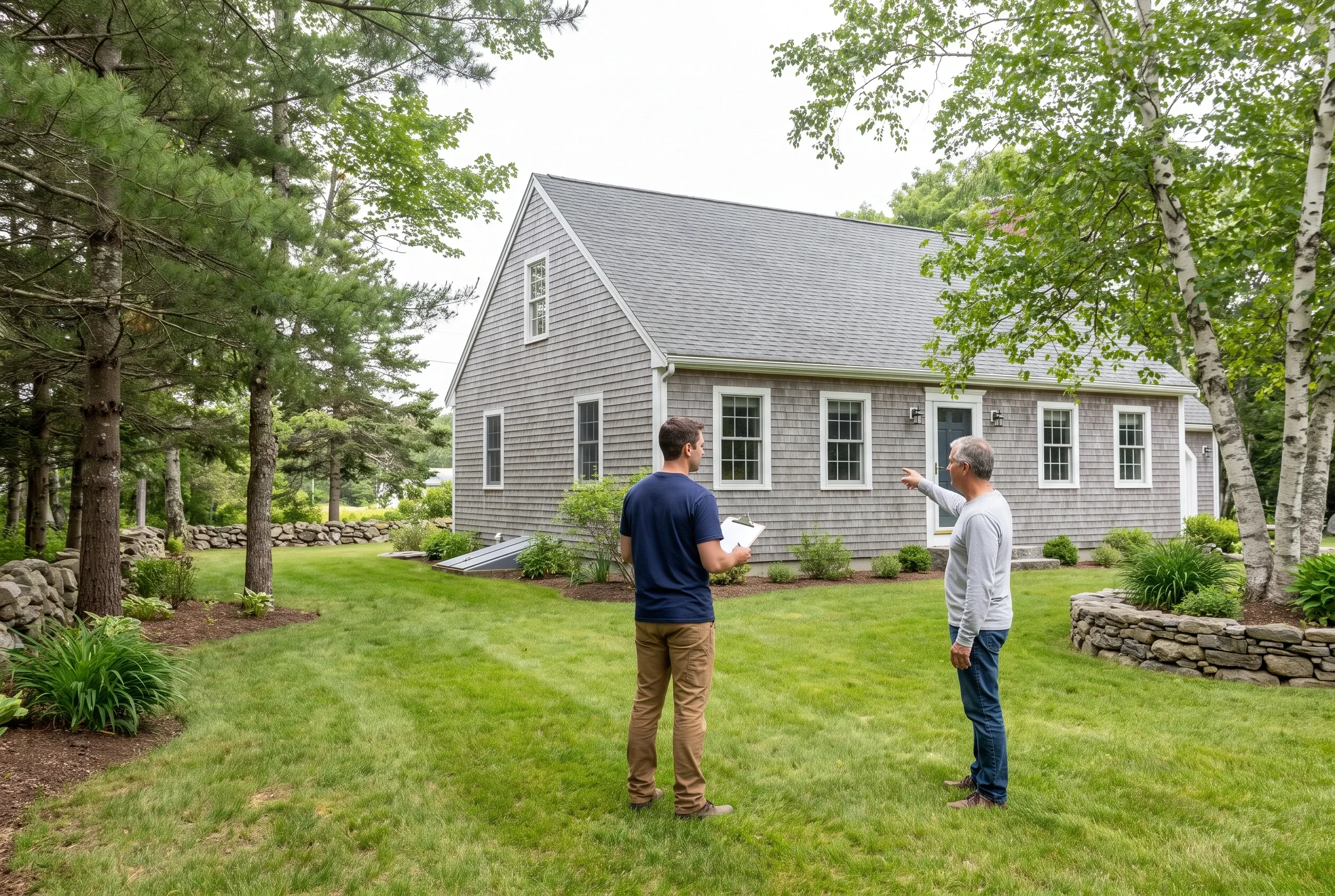 Two men standing in a backyard, one holding papers and the other pointing toward a gray shingled house during a site discussion