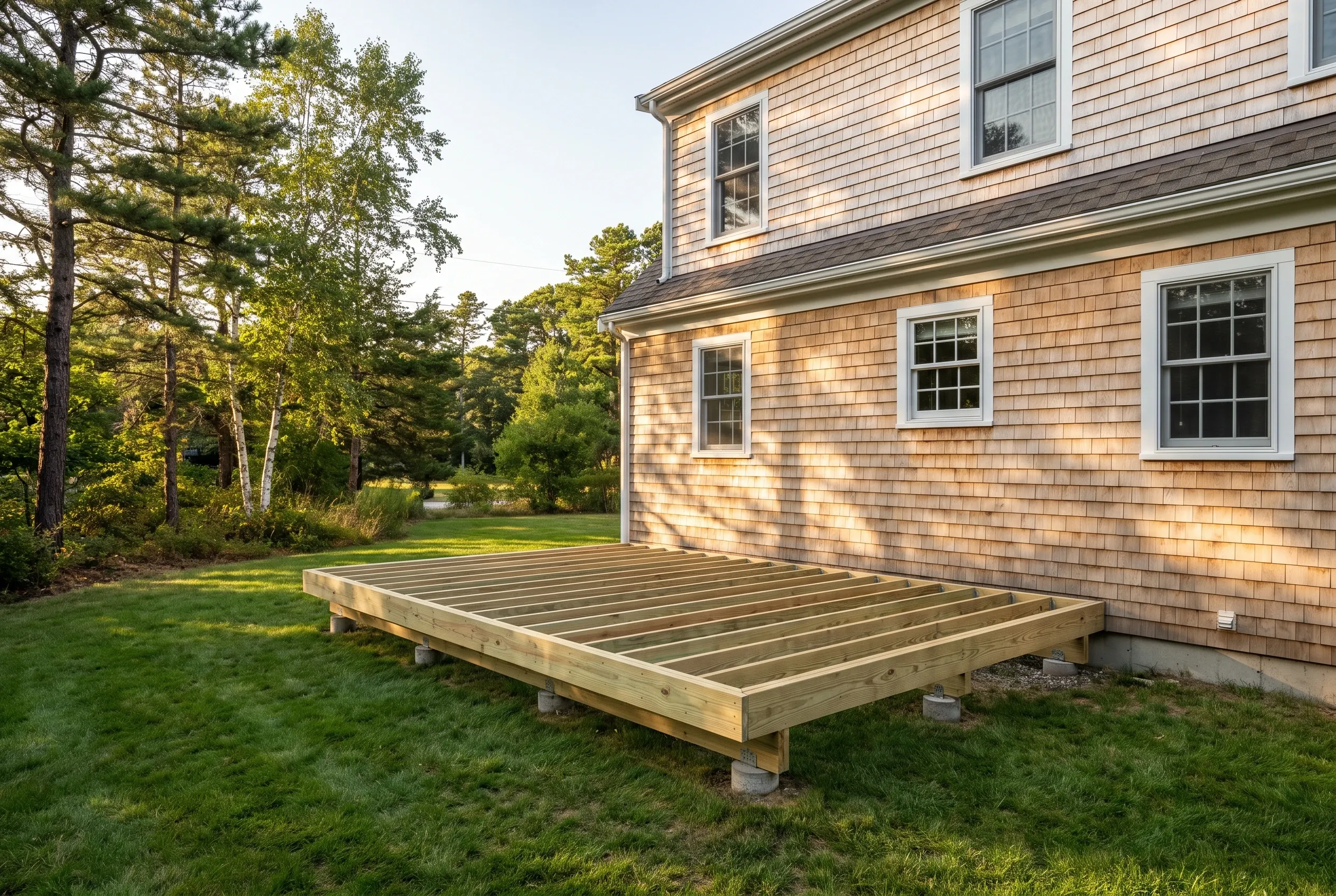 Undecked wood deck framing with exposed joists on concrete blocks beside a shingled two-story house, with lawn and trees nearby