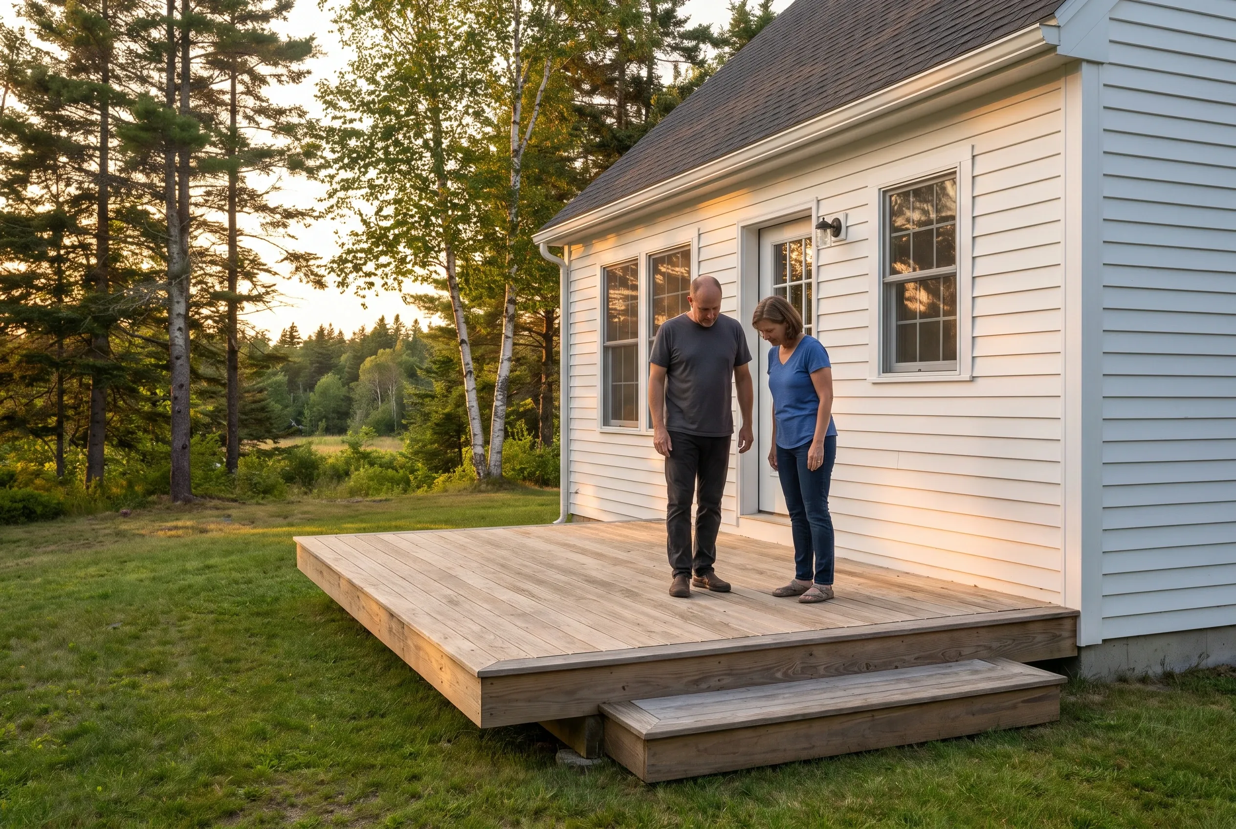 Man and woman standing on a finished low wood deck with a step, looking down together beside a white sided house