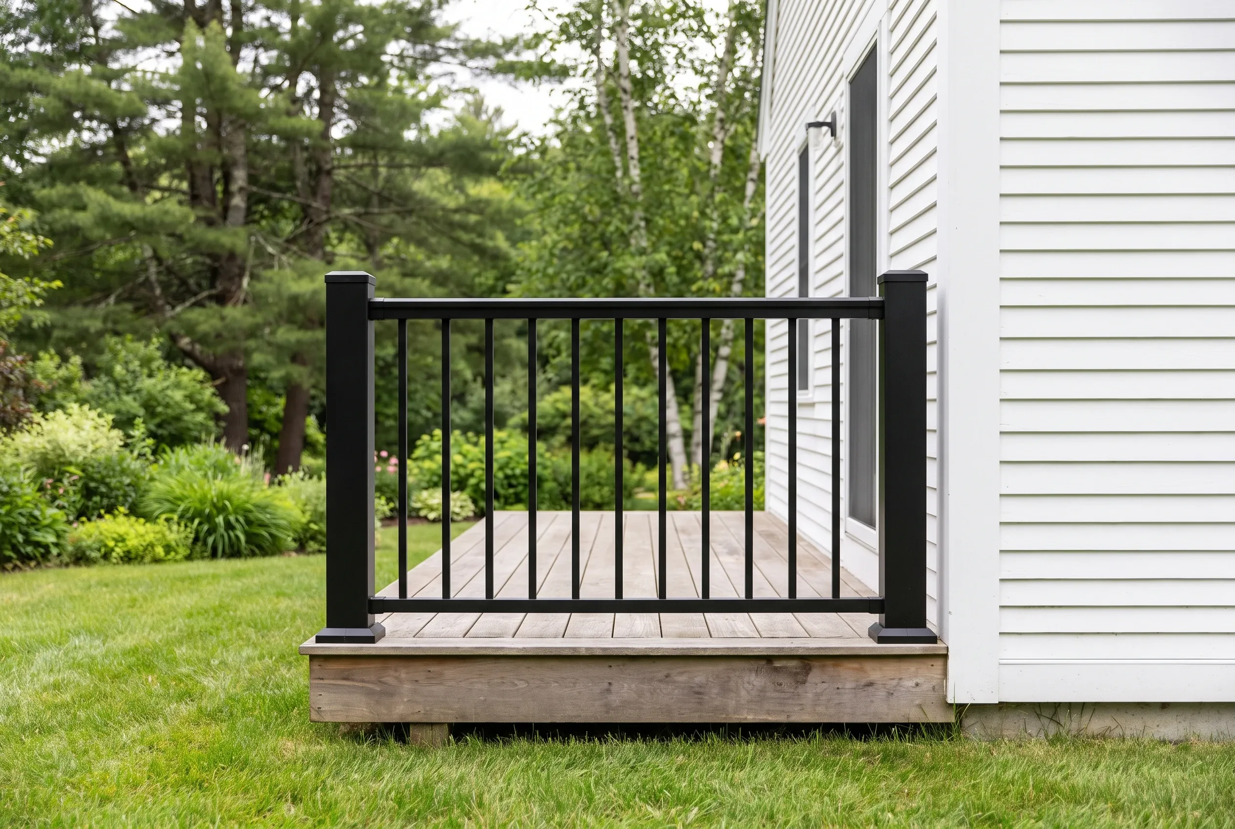 Small low wood deck beside white clapboard siding with a black metal railing section along its front edge, lawn and shrubs behind
