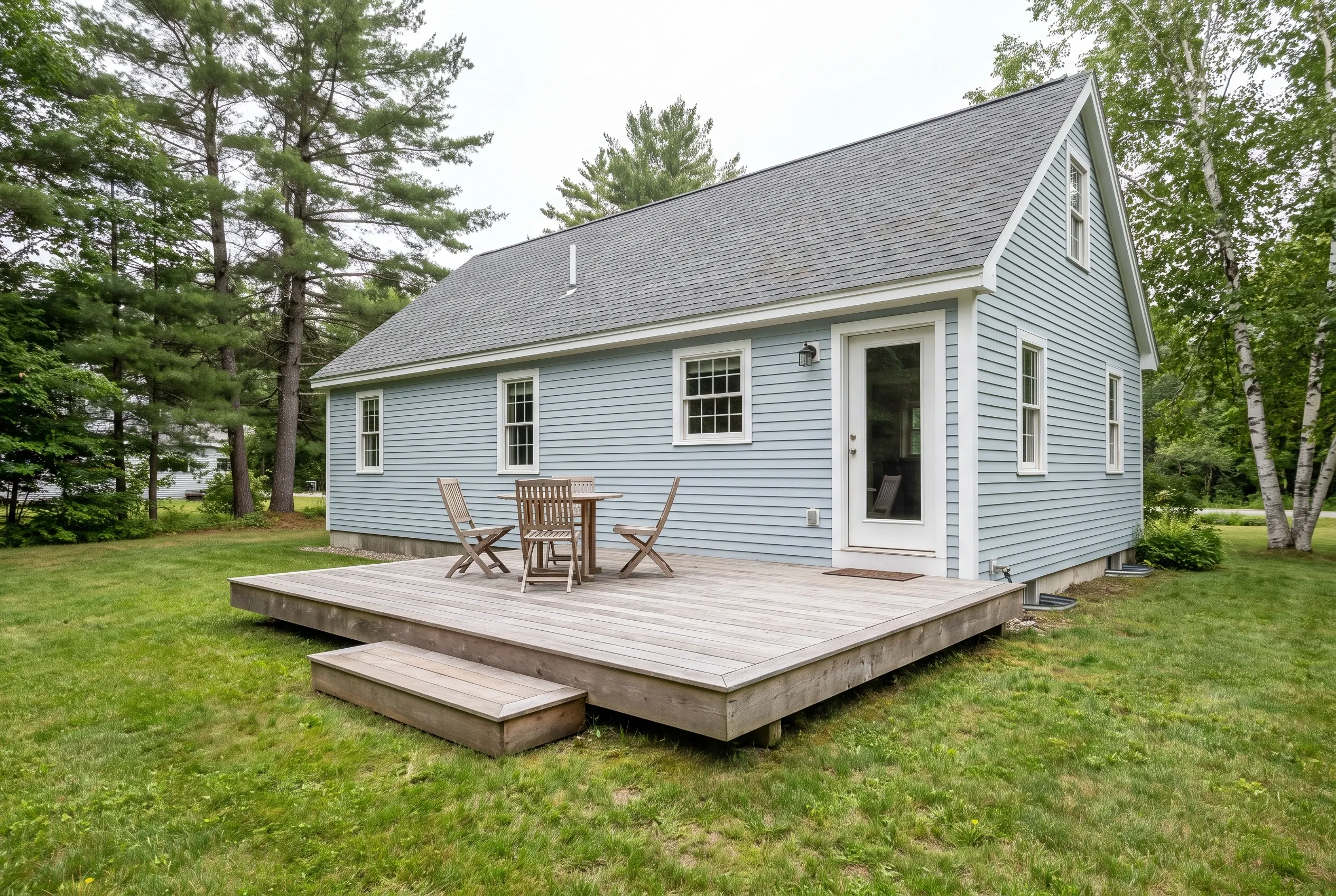 Low weathered gray deck with a box step and wooden table and chairs behind a light blue house with a glass door