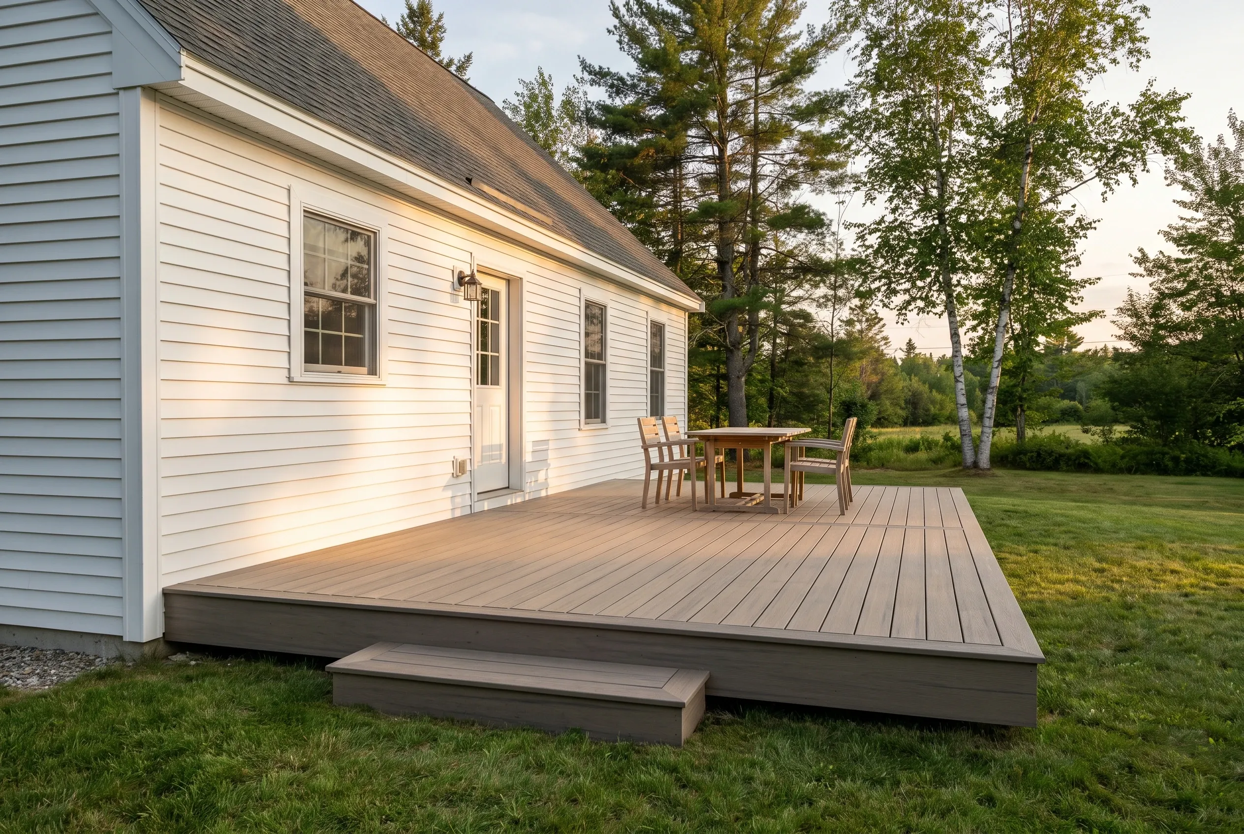 Deck builders in Cornish, ME: low gray deck with table and chairs and a separate box step behind a white-sided house with trees