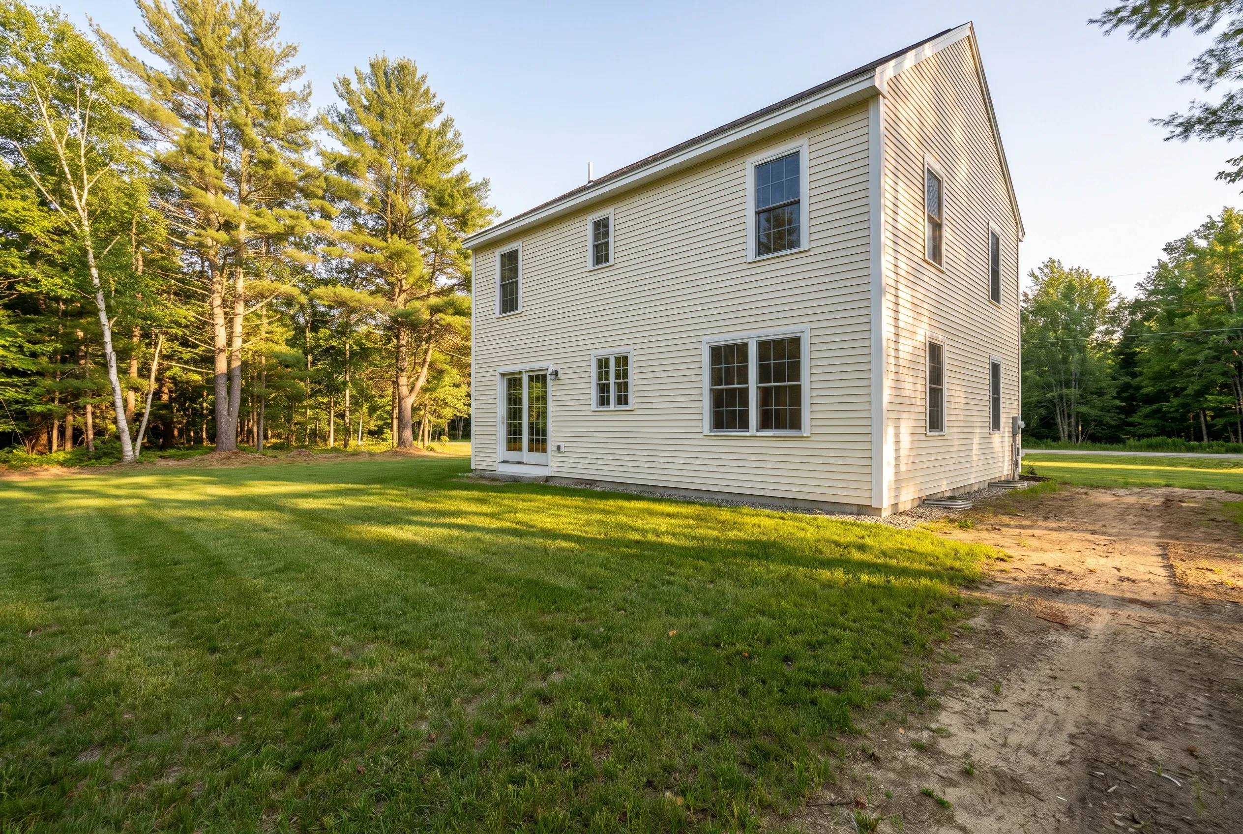 Rear of a cream two-story house with no deck, an open lawn, and a patch of bare soil beside the yard under tall pines