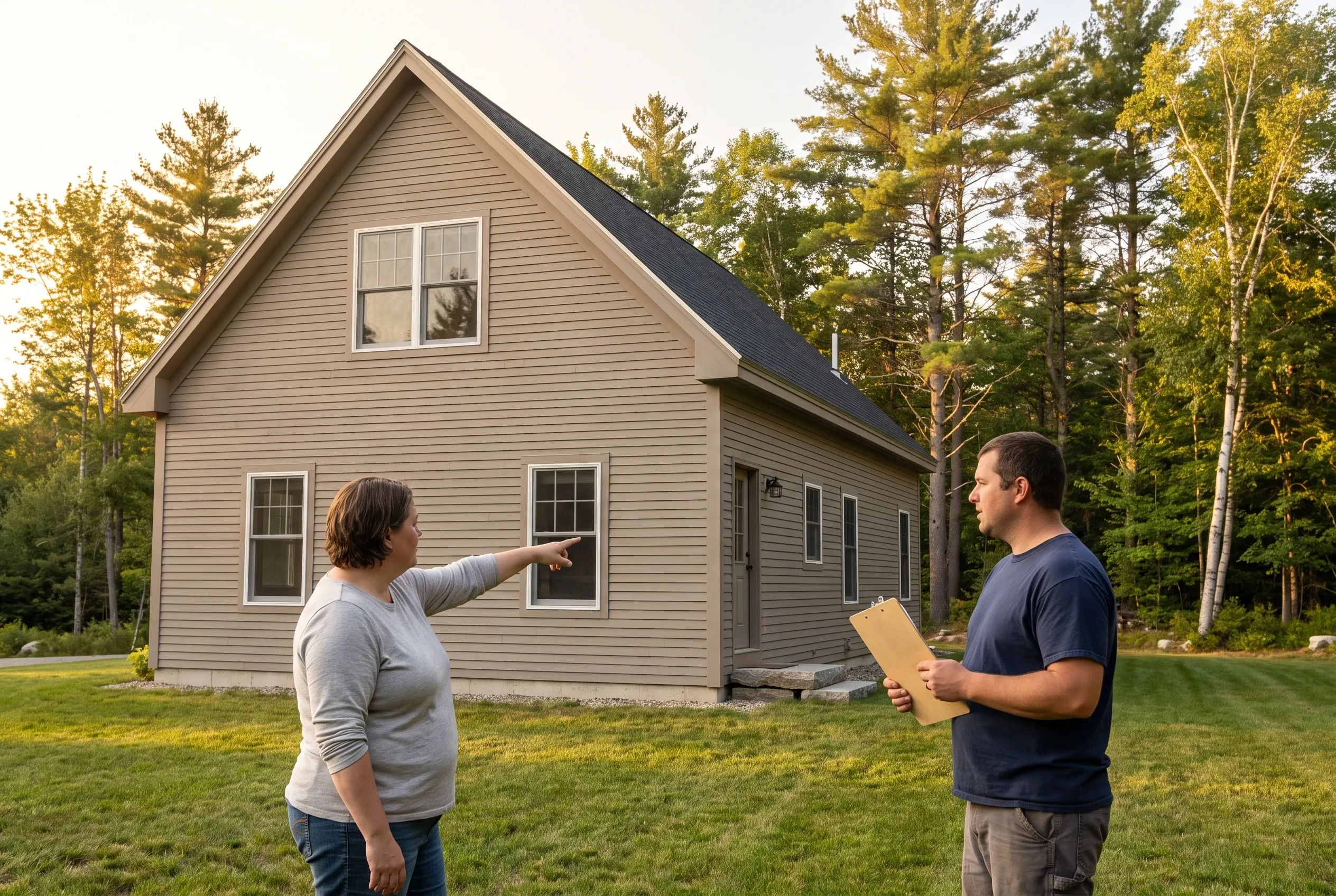 Two people talking on a lawn behind a tan house, one pointing at the building while the other holds a clipboard