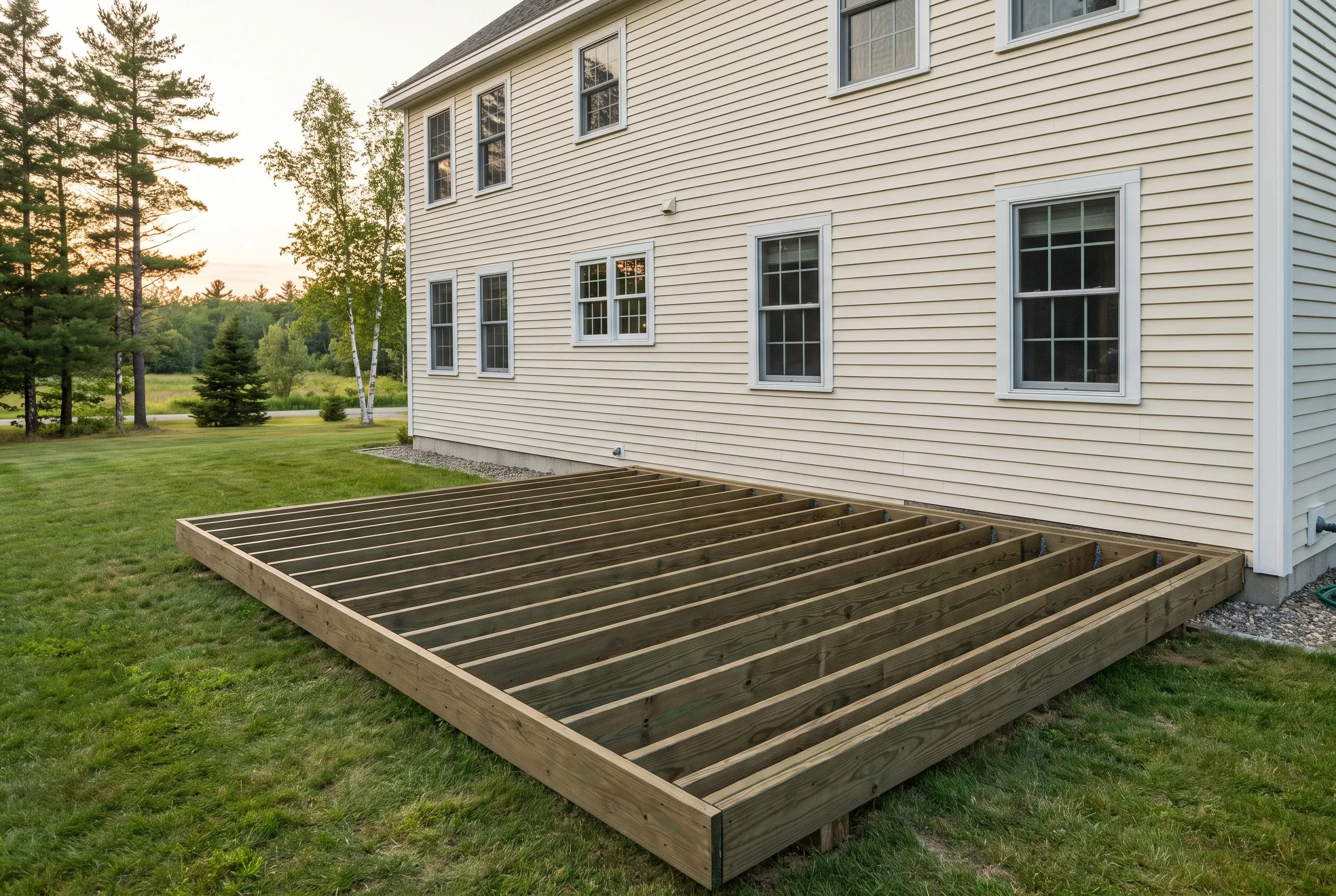 Undecked rectangular wood frame with parallel joists resting on a lawn beside a cream clapboard house; supports beneath are not visible