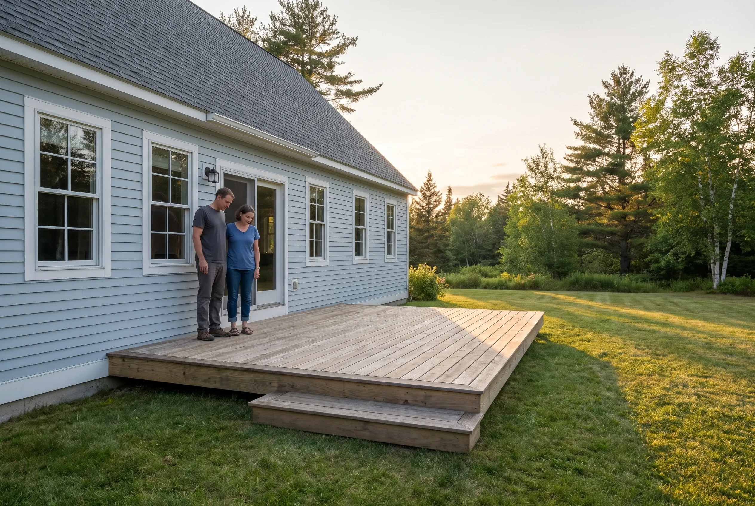 Two people standing on a low gray deck with a wide step beside a light blue house, looking over the finished surface