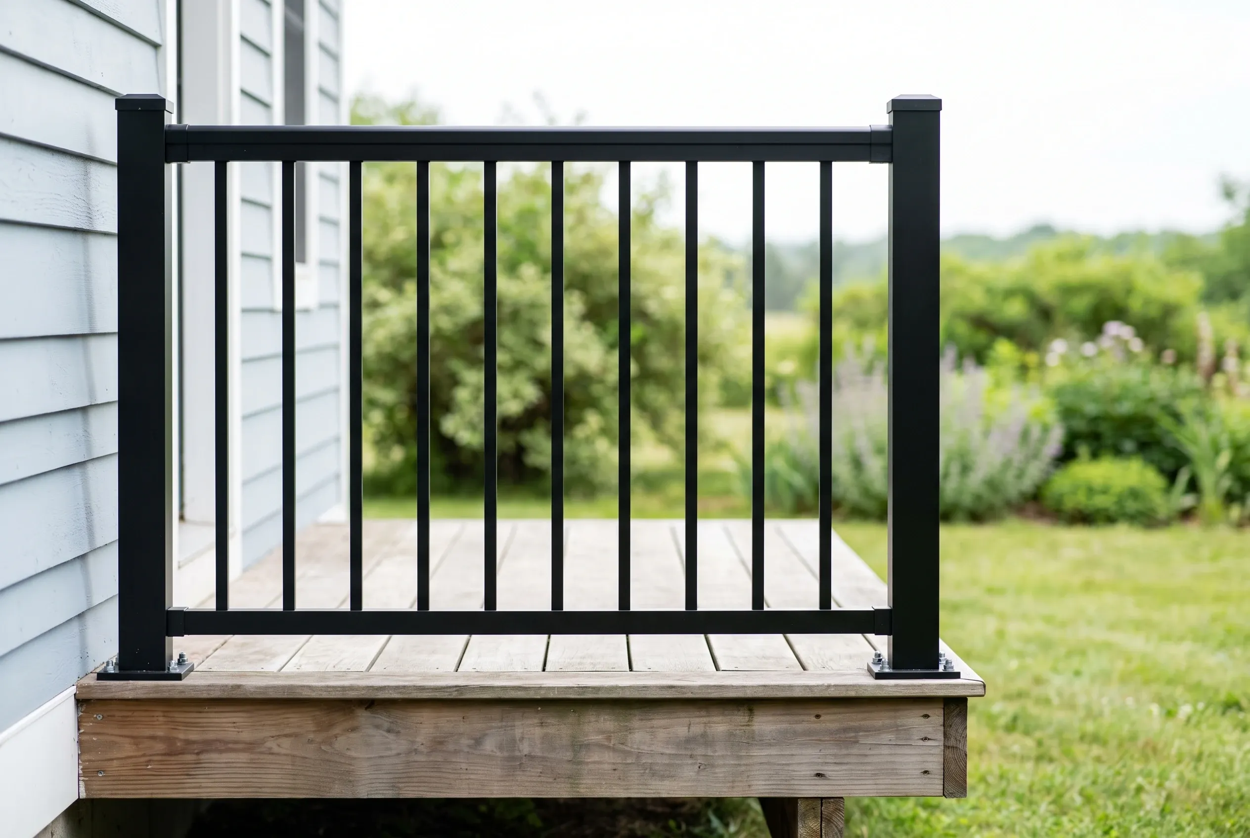 Black metal railing panel with vertical balusters along the edge of a low wood deck beside light blue siding