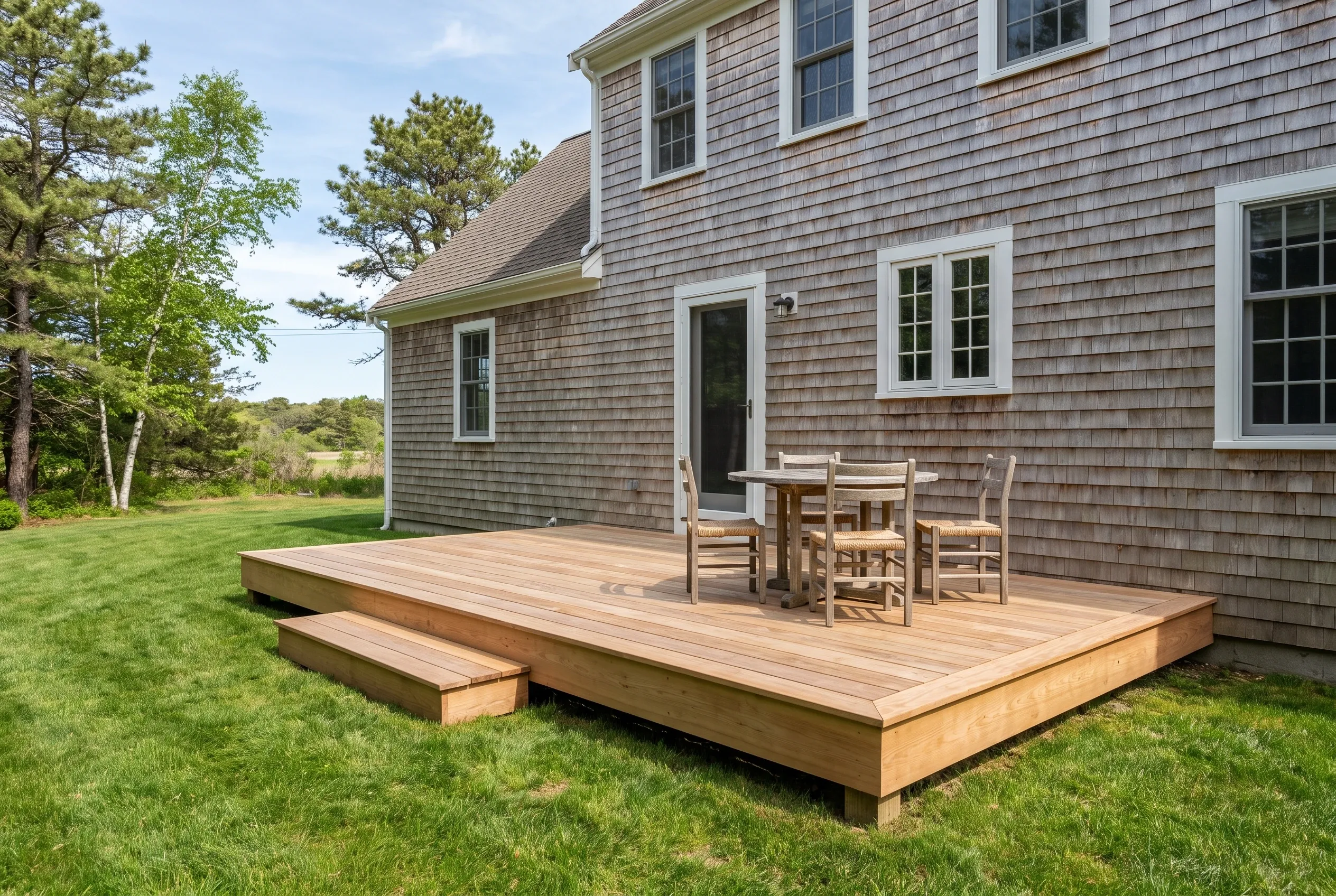 Low light wood deck with one step, a wooden table, and chairs beside a gray shingled house on a lawn
