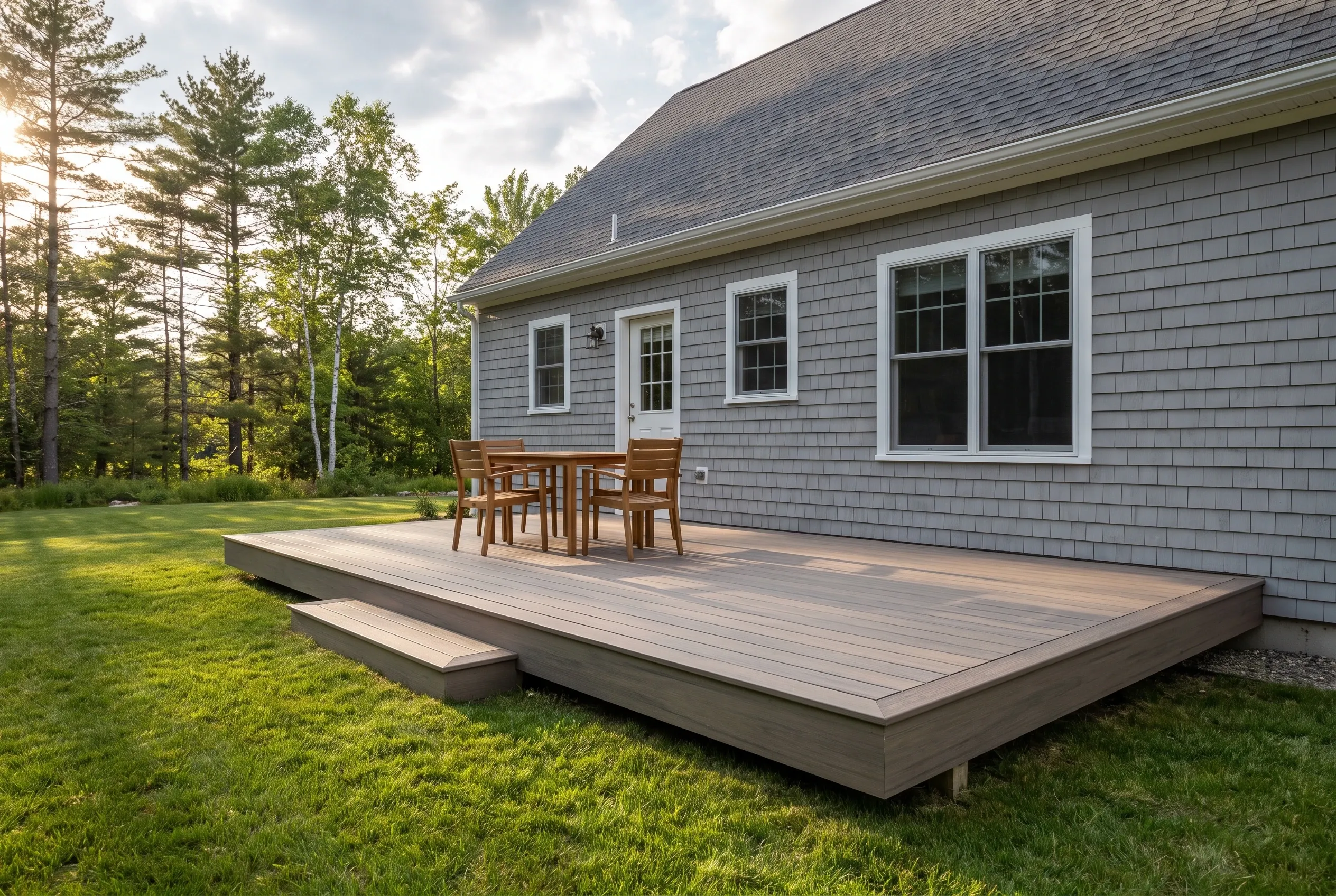 Deck builders in Cumberland, ME: low gray-brown deck with a single step, outdoor table and chairs, behind a gray shingled house