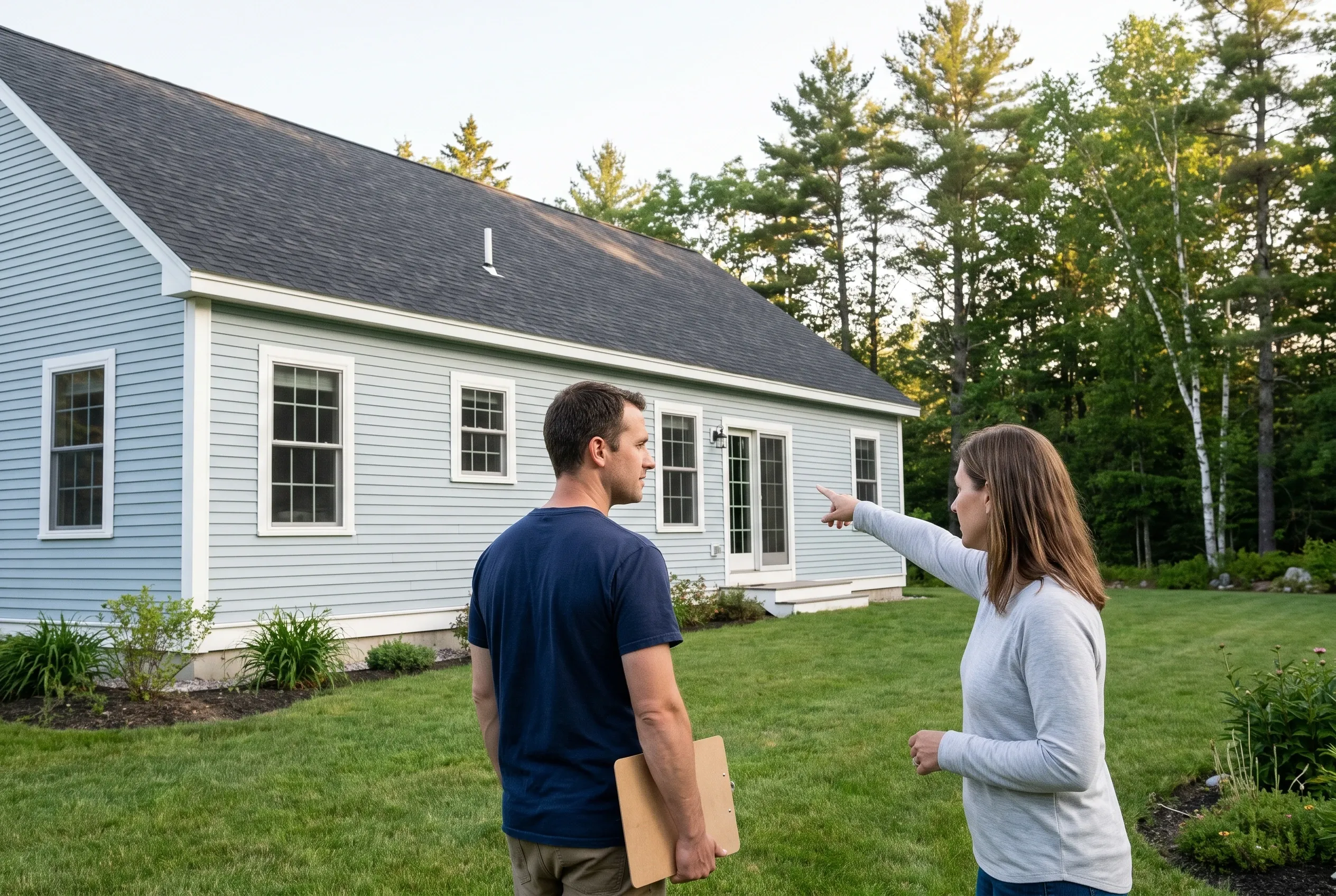 Man holding a clipboard and woman pointing toward the back of a light blue house during an outdoor yard discussion