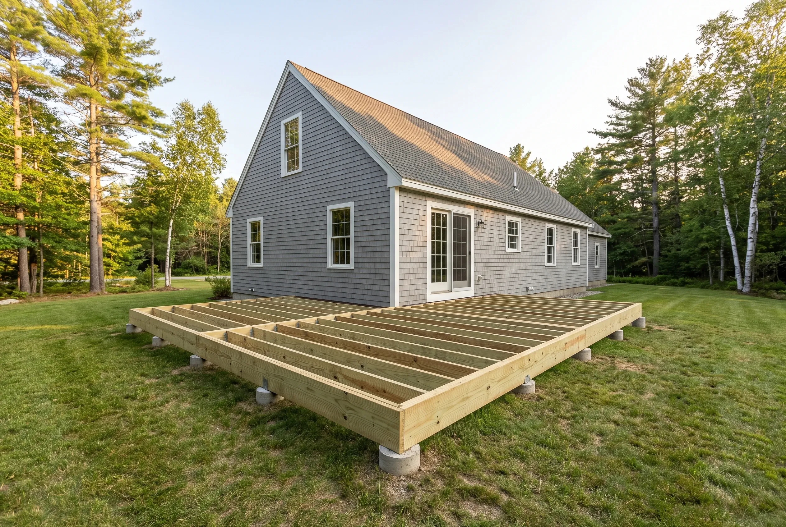 Undecked wood deck frame with joists set on concrete piers on a lawn beside a gray sided house